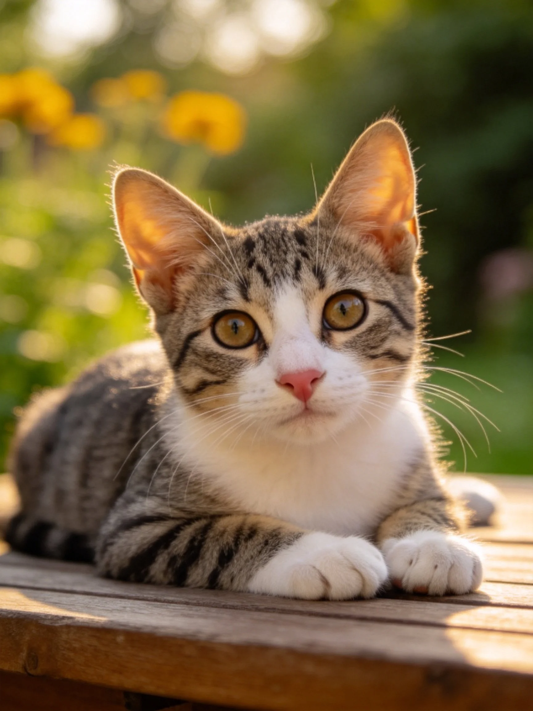 A tabby kitten lounges on a wooden surface near yellow flowers