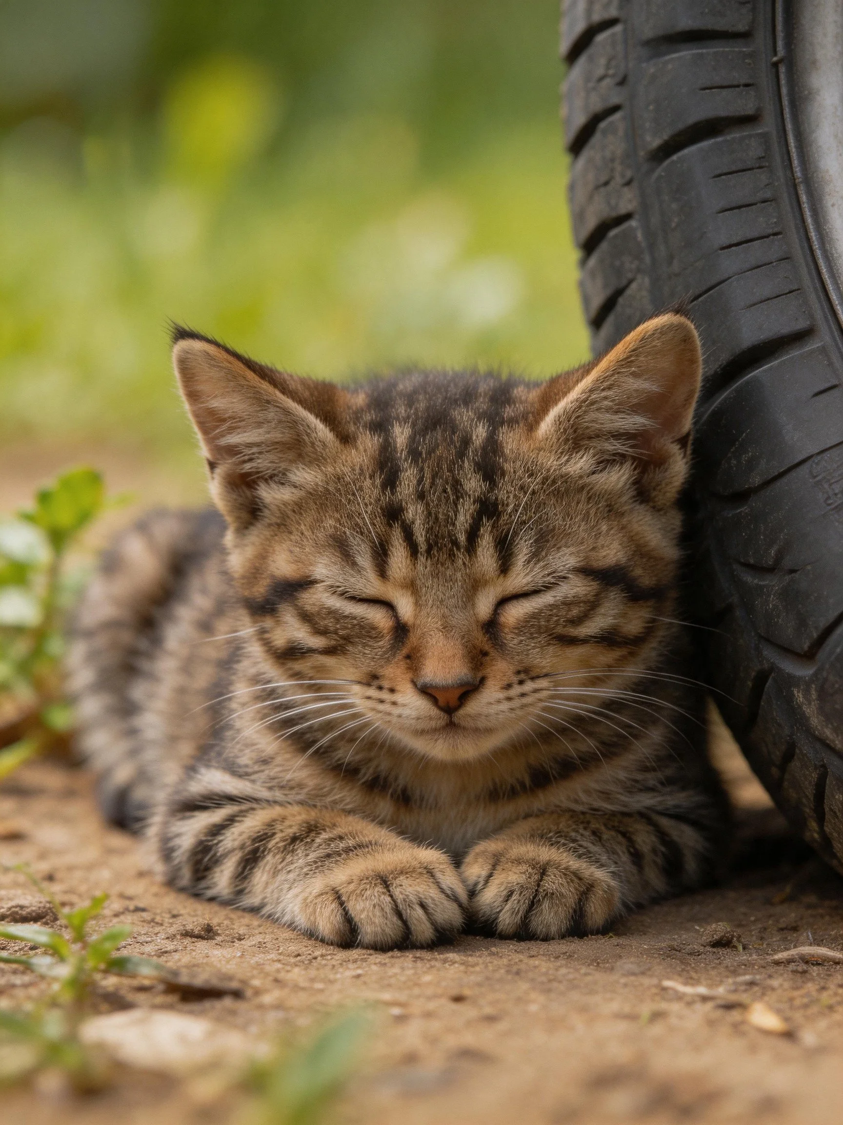 A tabby kitten napping beside a large black tire outdoors