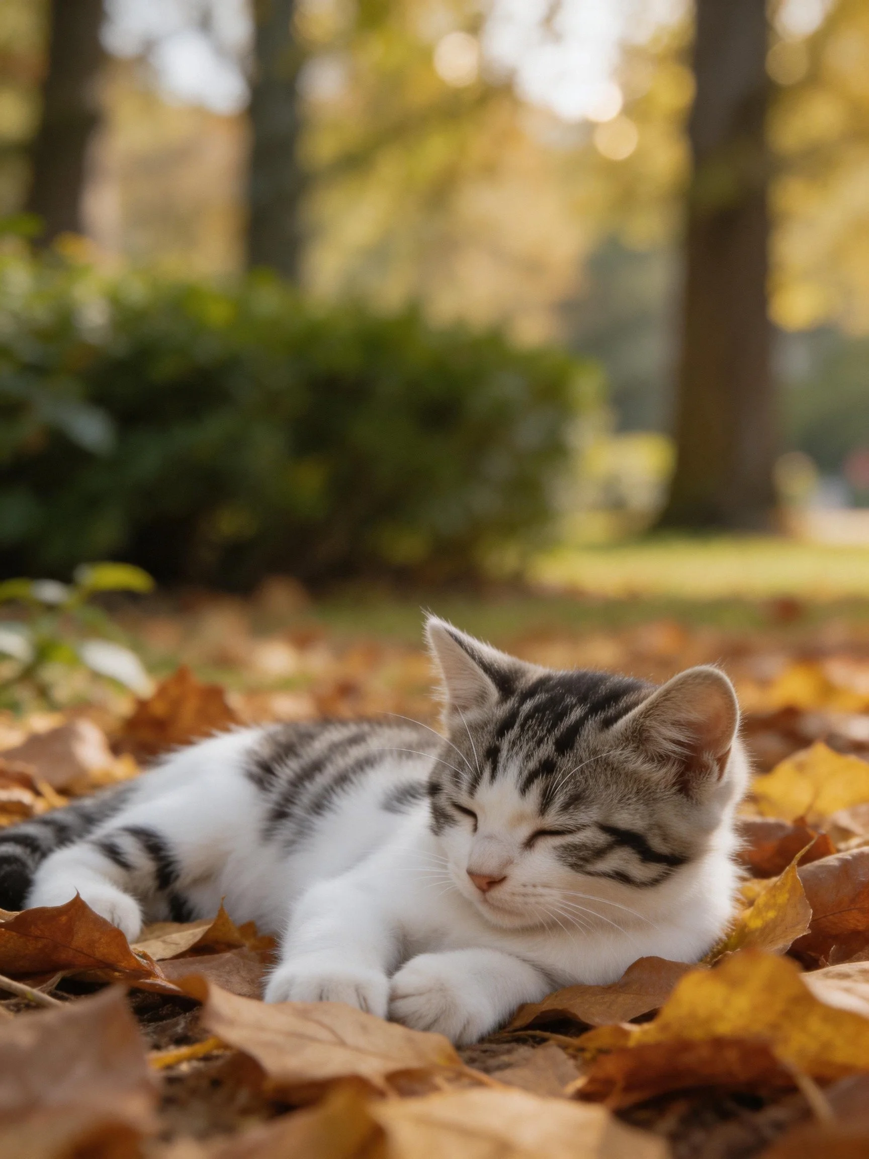 A tabby kitten naps among autumn leaves in a sunlit outdoor setting.