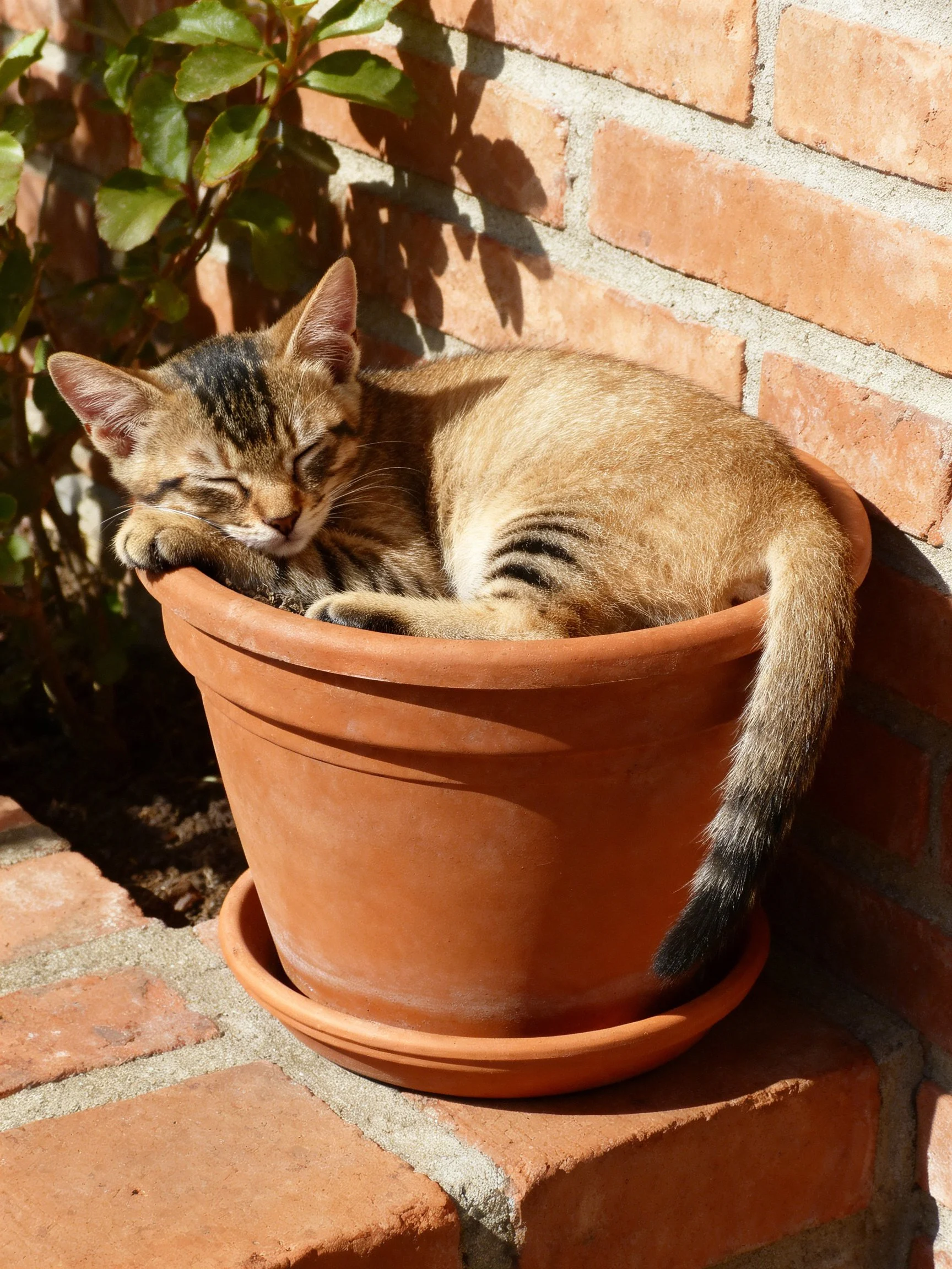 A tabby kitten naps in a terracotta flowerpot near a brick wall