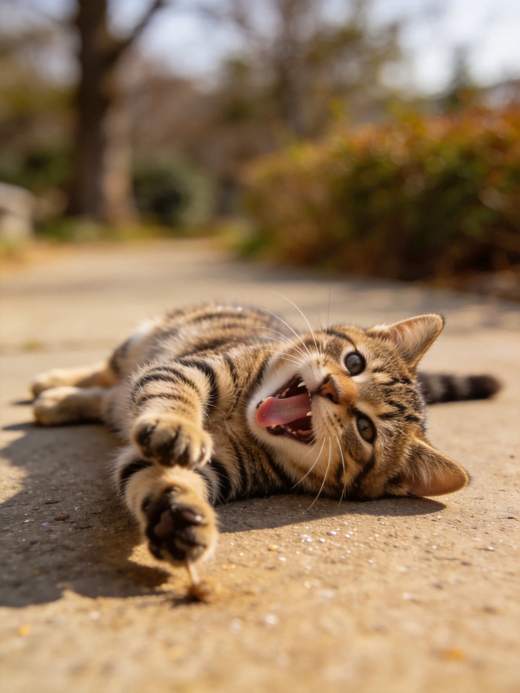 A tabby kitten plays on pavement reaching toward an object