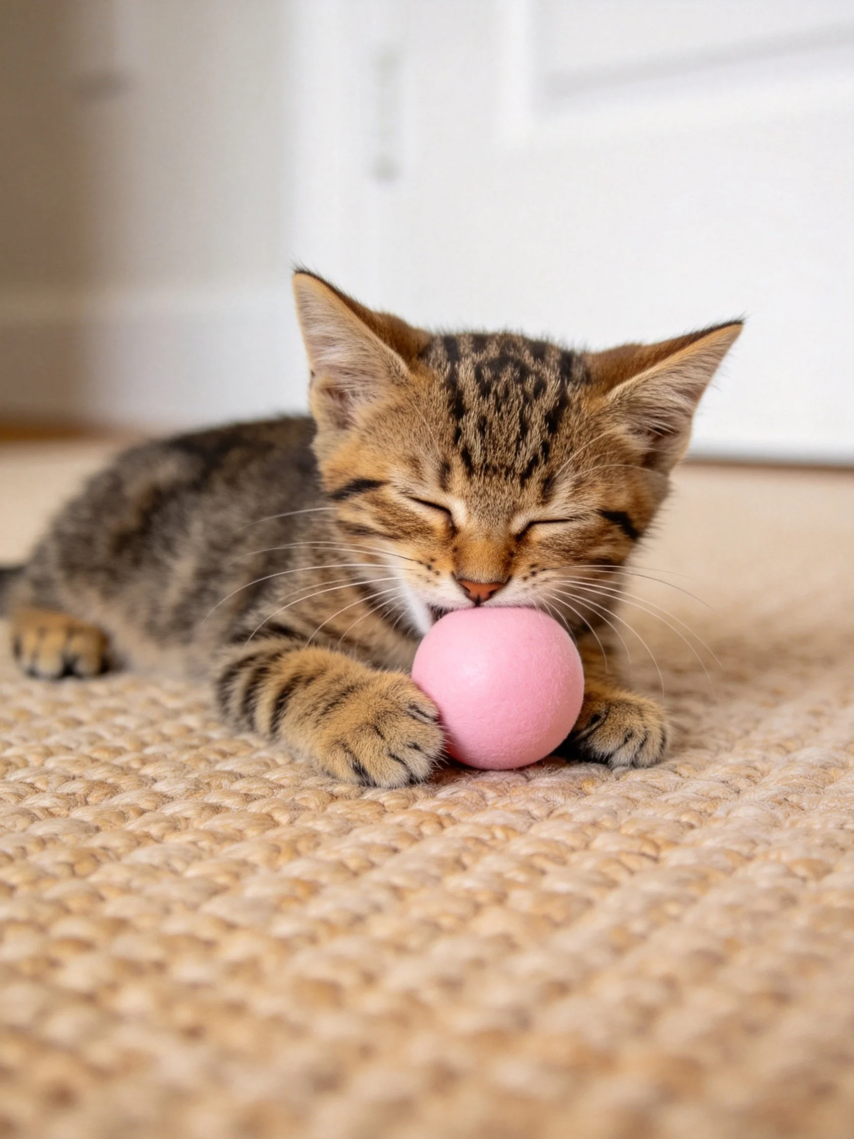 A tabby kitten nibbles a pink ball while resting on a carpet.