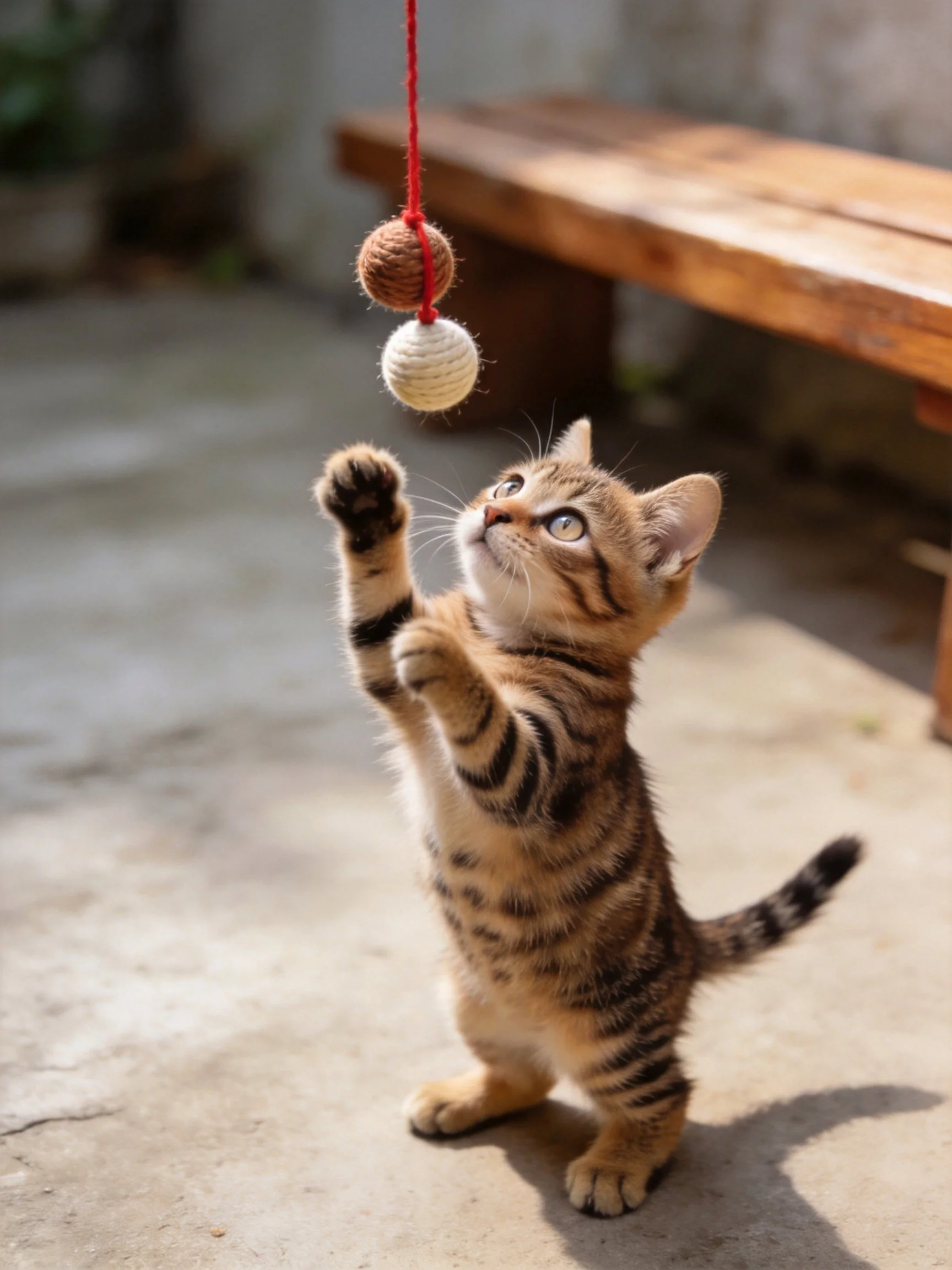 A curious tabby kitten tries to grasp two hanging yarn balls outdoors.