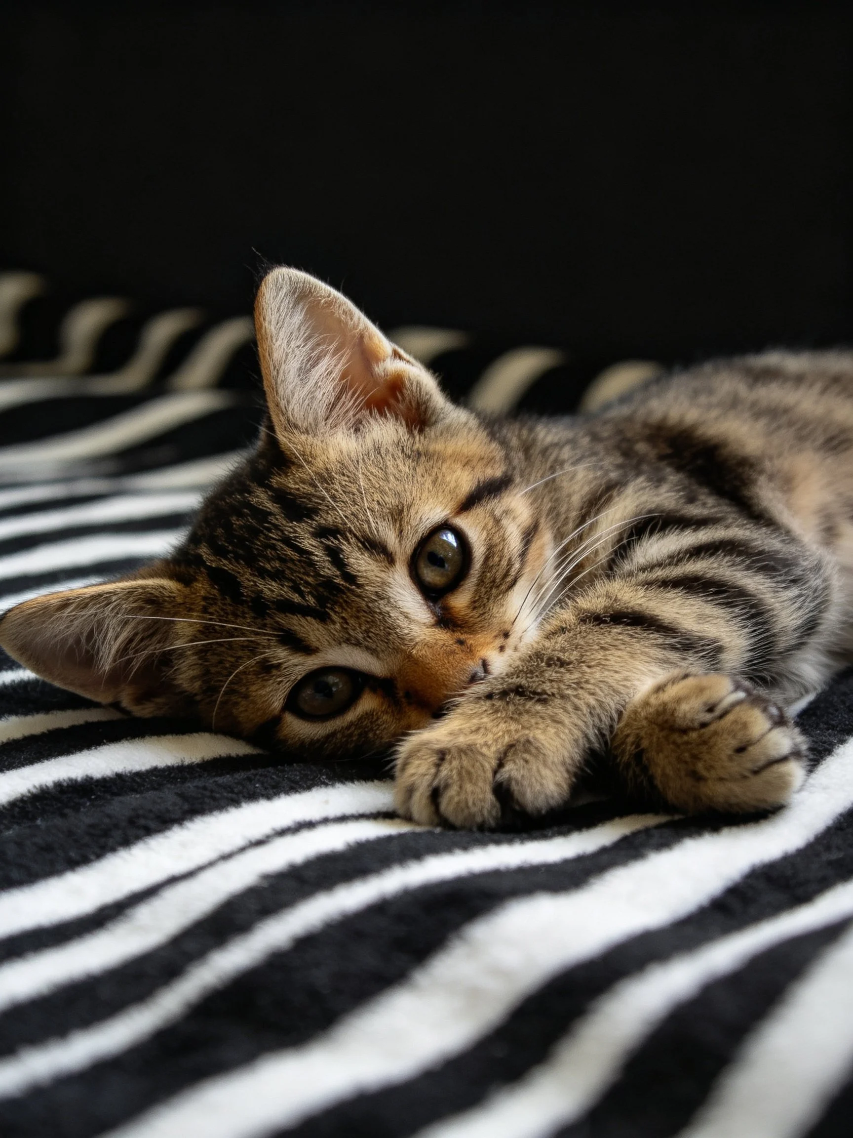 A tabby kitten relaxes on a bold black-and-white striped fabric