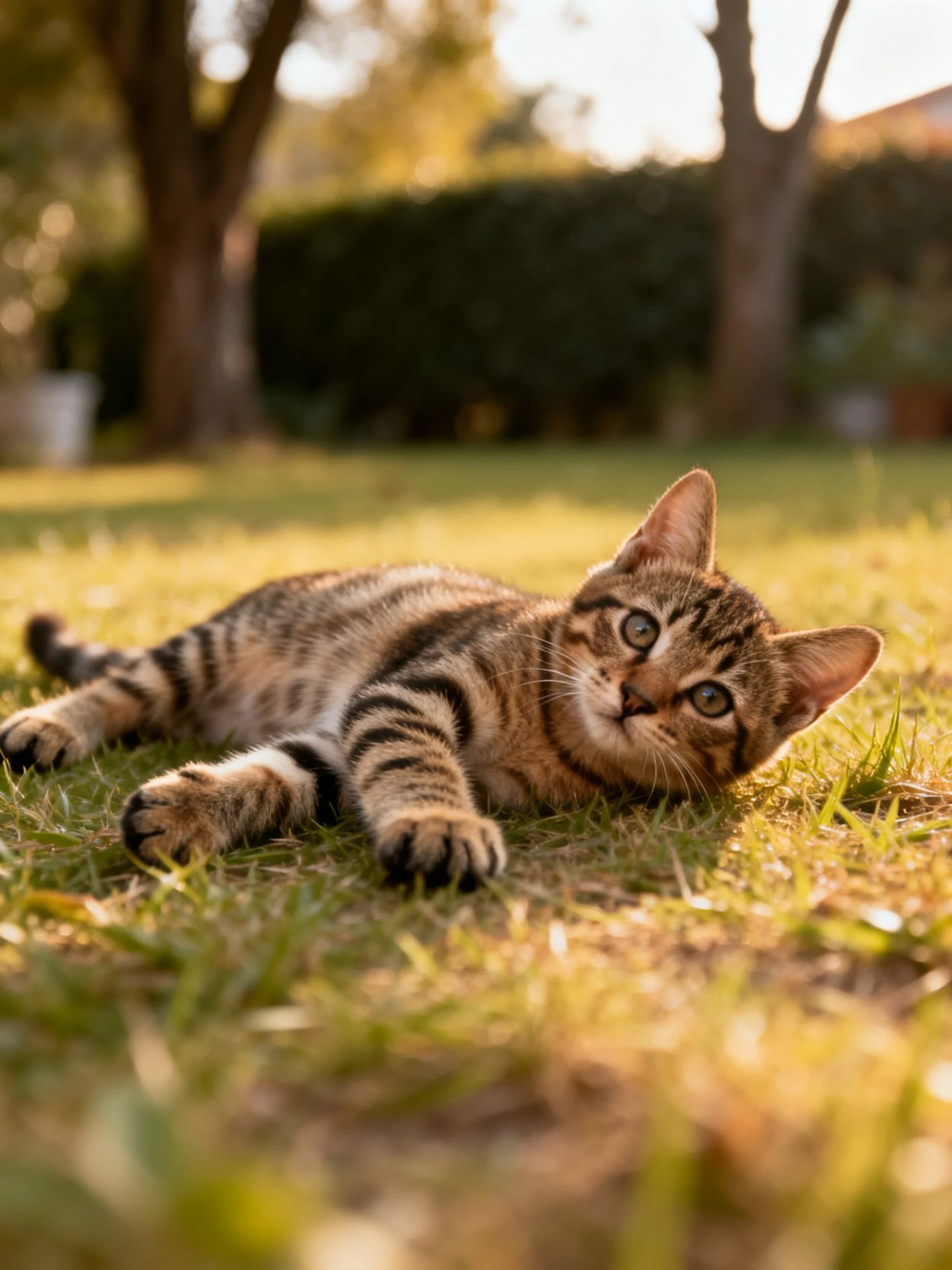 A tabby kitten relaxes on sun-dappled grass in a garden