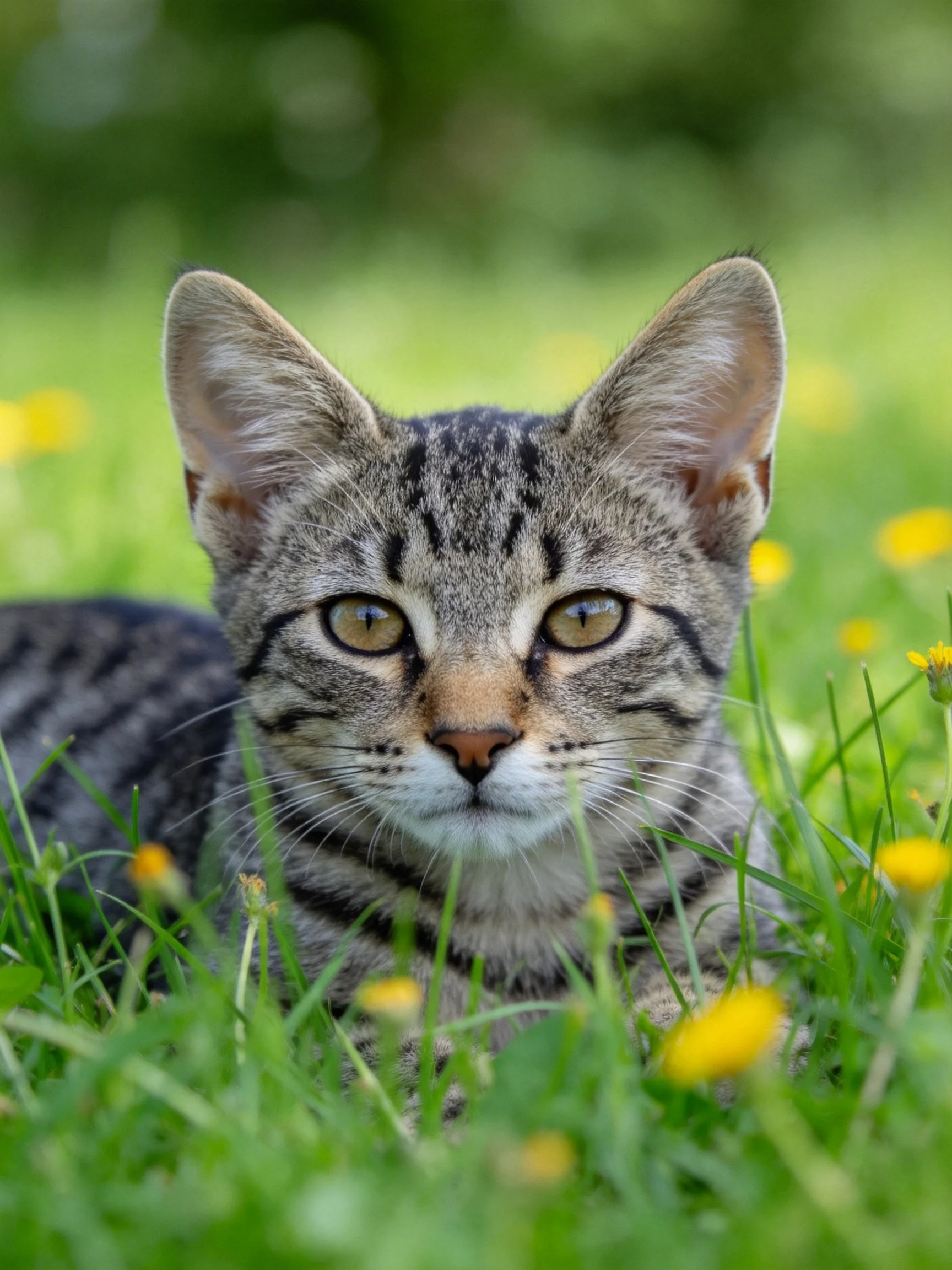 A tabby kitten sits calmly amid lush green grass dotted with bright yellow flowers