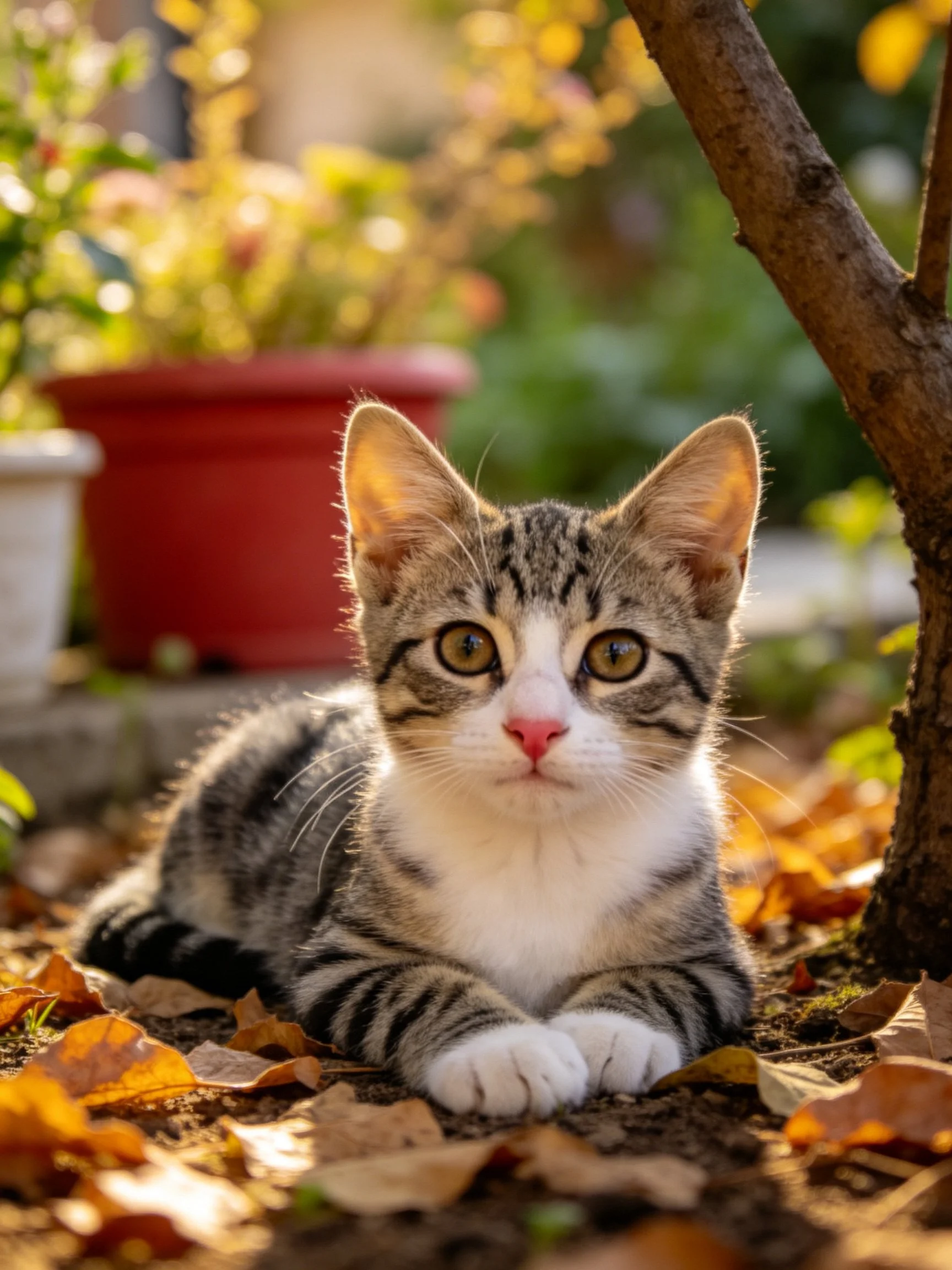 A tabby kitten rests amid fallen autumn leaves near potted plants