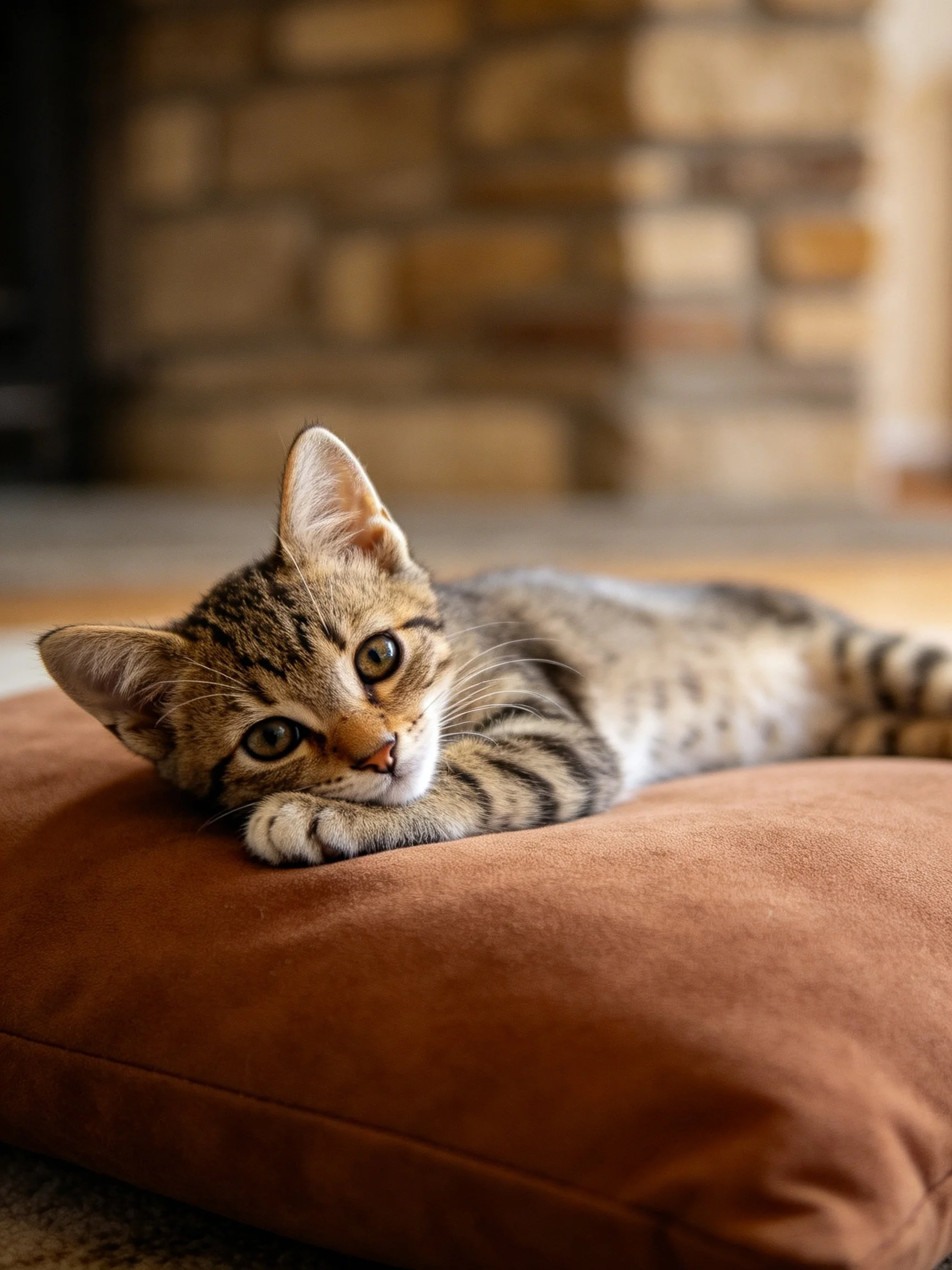 A tabby kitten rests on a brown cushion beside a stone wall