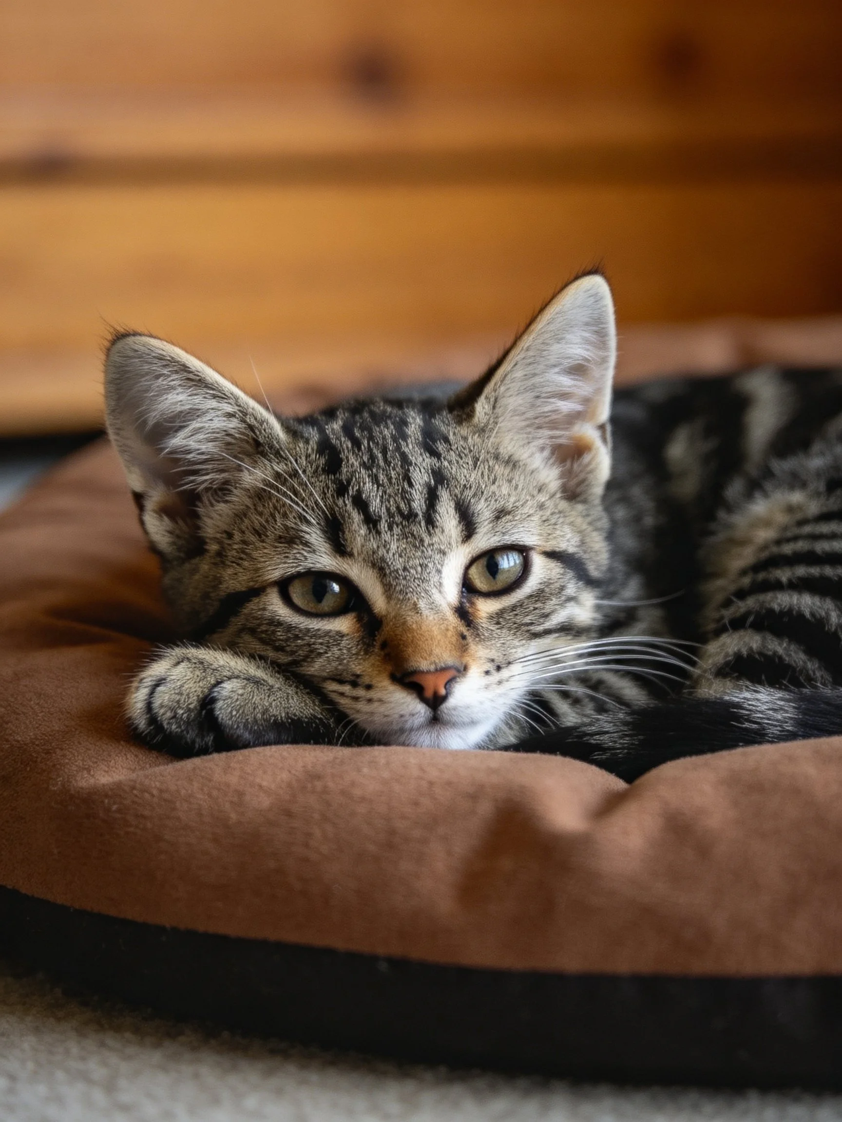 A tabby kitten rests on a brown pet bed with wooden backdrop