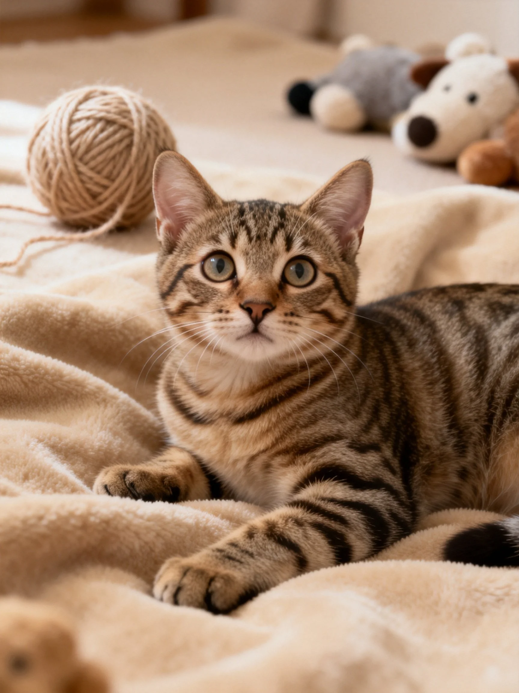 A tabby kitten rests on a soft beige blanket near a yarn ball and plush toys.