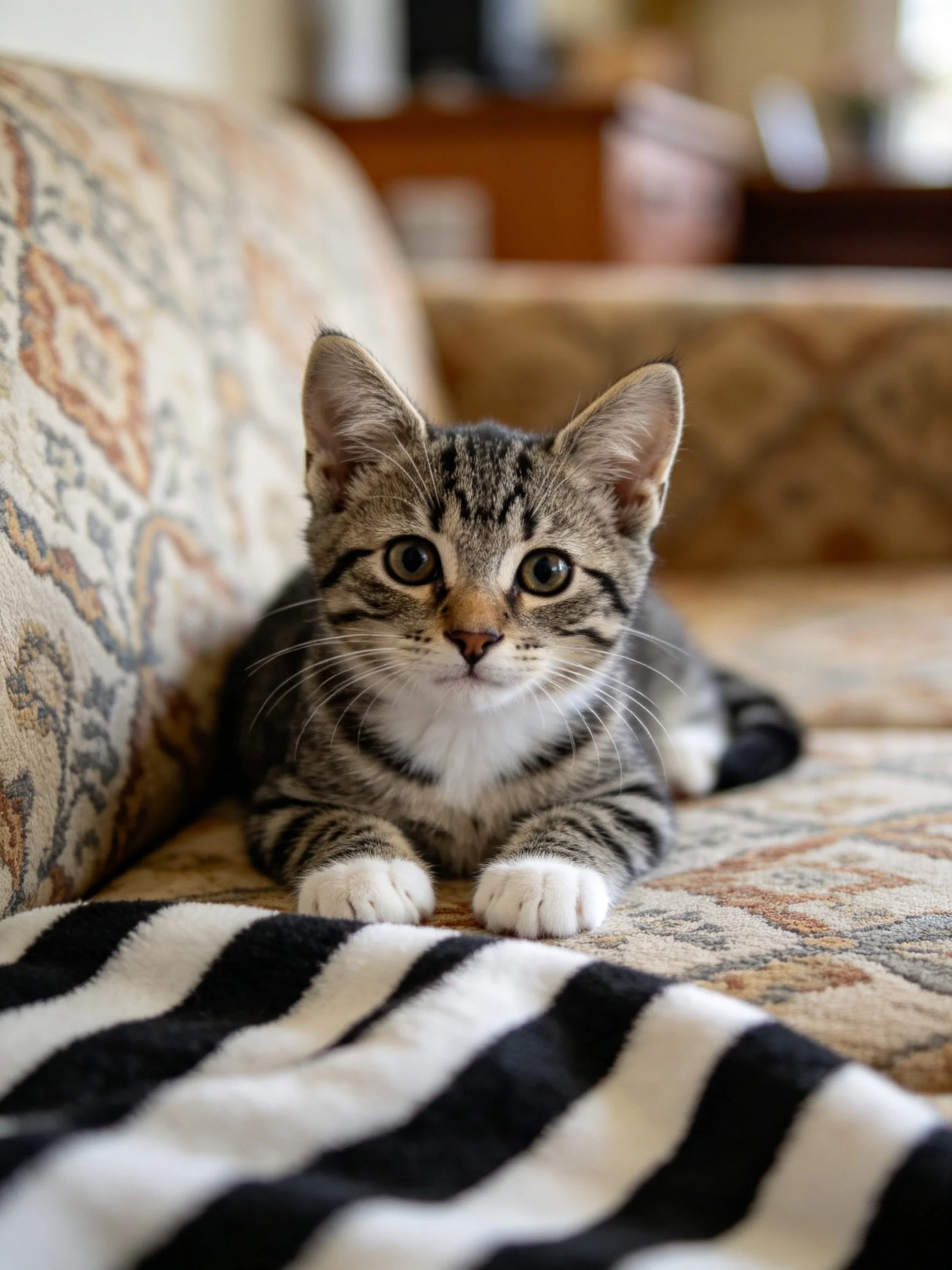 A tabby kitten rests on an ornate couch near a striped blanket