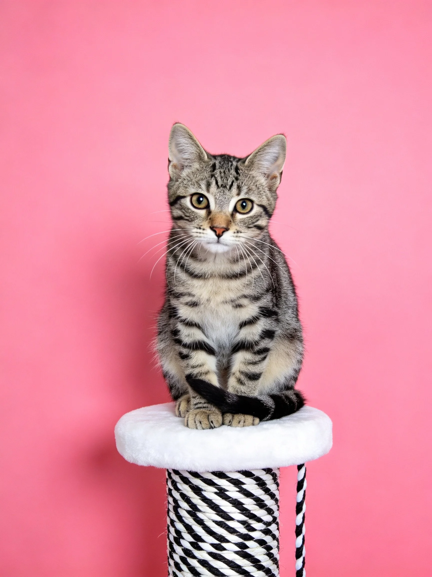 A tabby kitten sits atop a black-and-white post with a pink backdrop