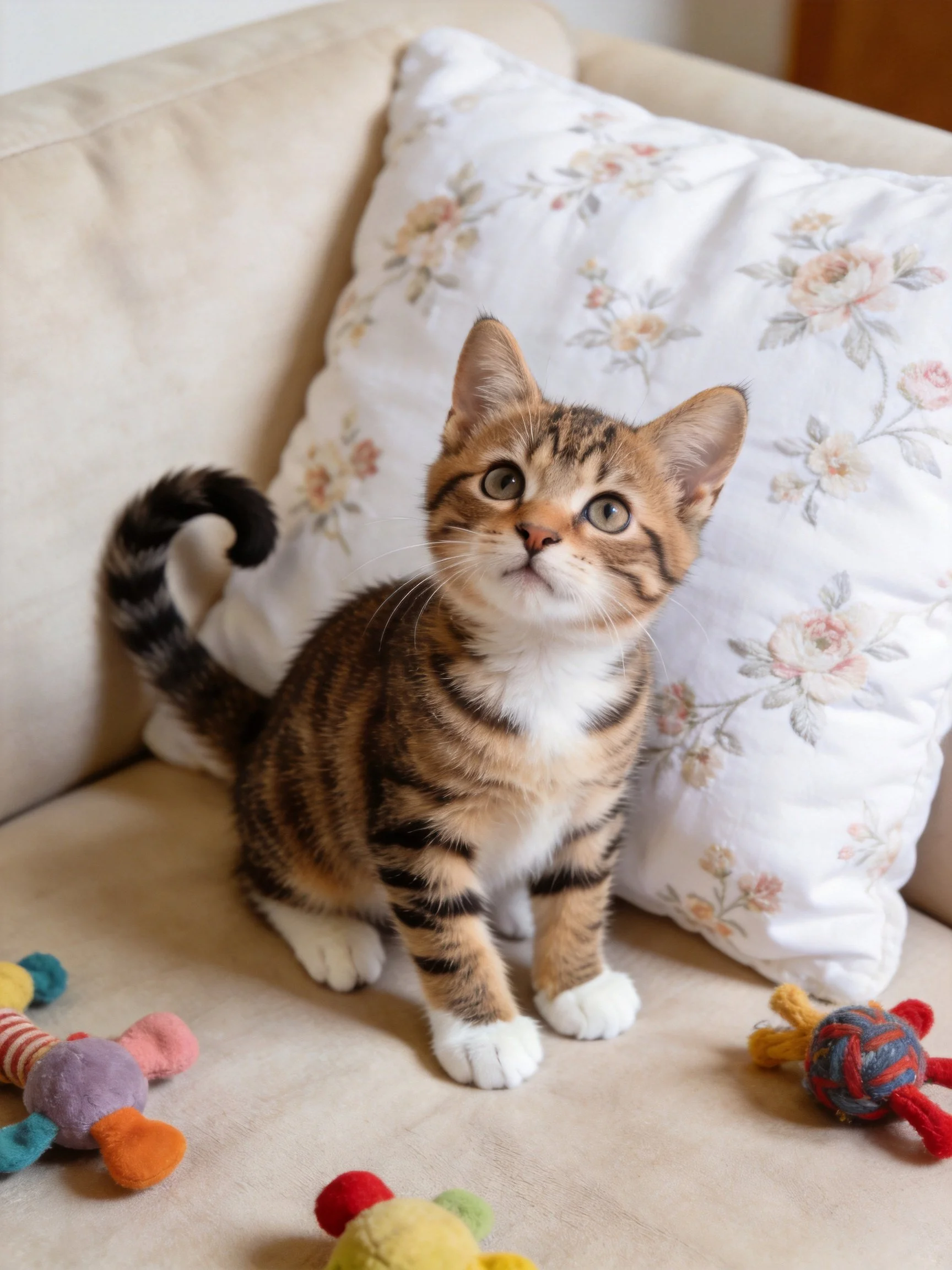 A tabby kitten sits beside a floral pillow with colorful toys nearby