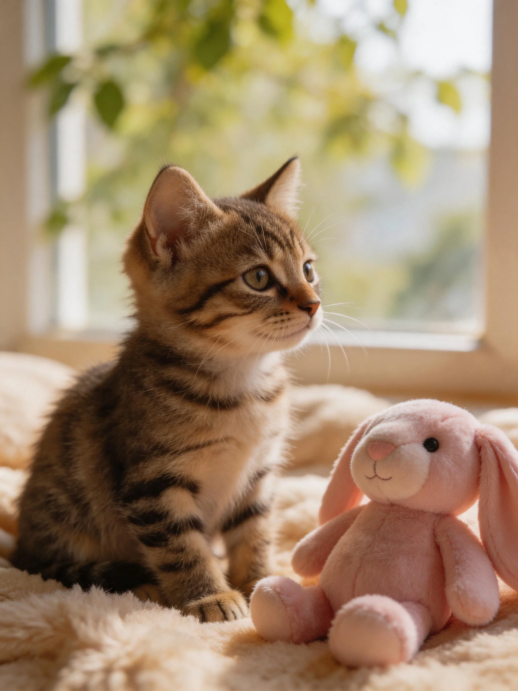 A tabby kitten sits next to a pink stuffed rabbit by a bright window.