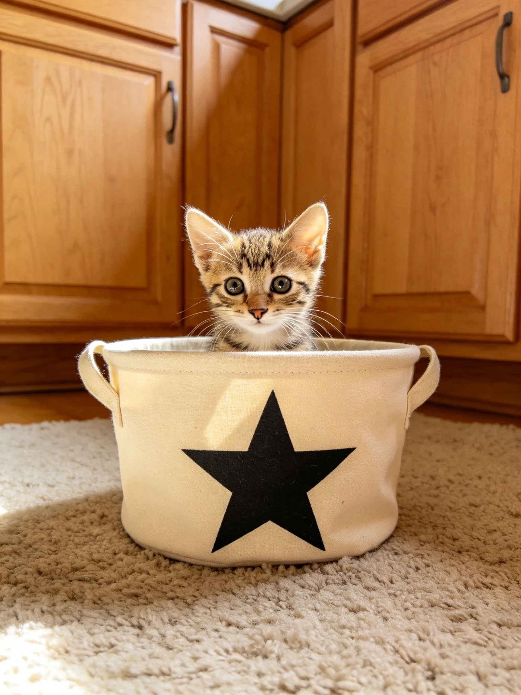 A tabby kitten peeks out of a beige star-decorated bucket beside wooden cabinets.