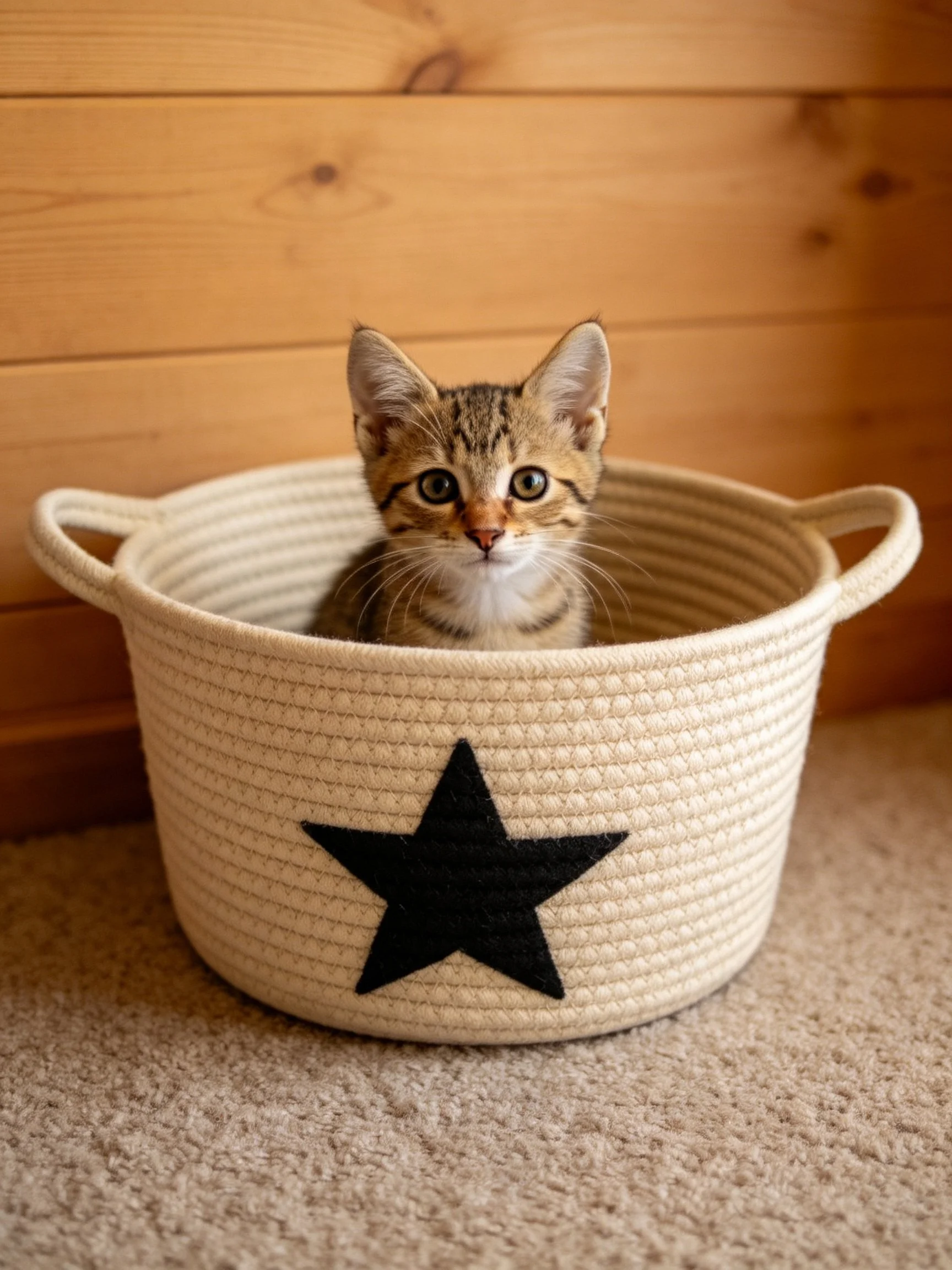 A tabby kitten sits in a beige woven basket with black star detail