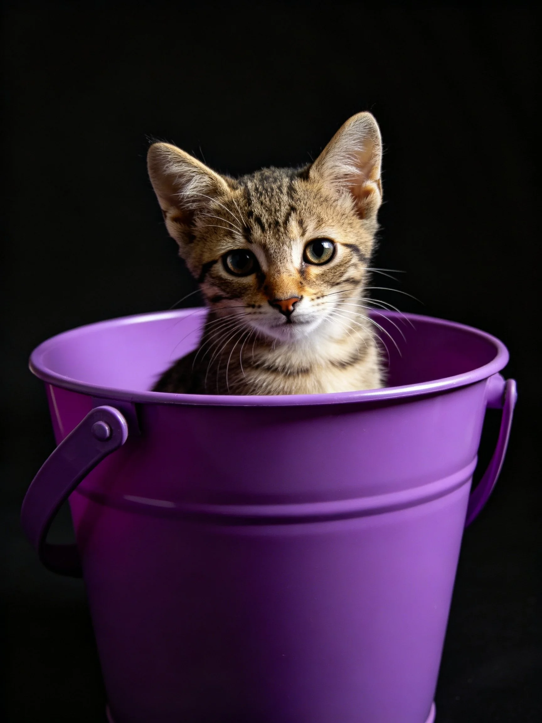 Tabby kitten sits inside purple bucket against dark background