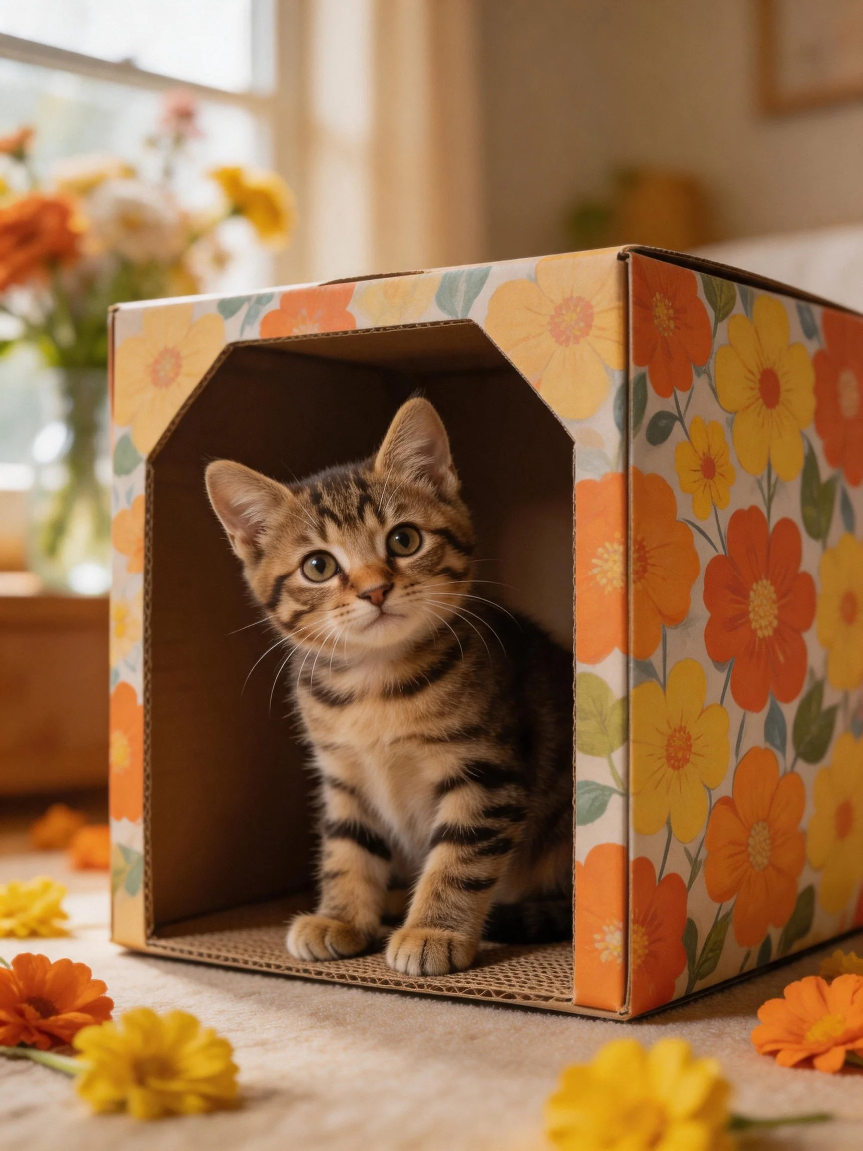 A tabby kitten sits inside a decorated cardboard box near scattered flowers.