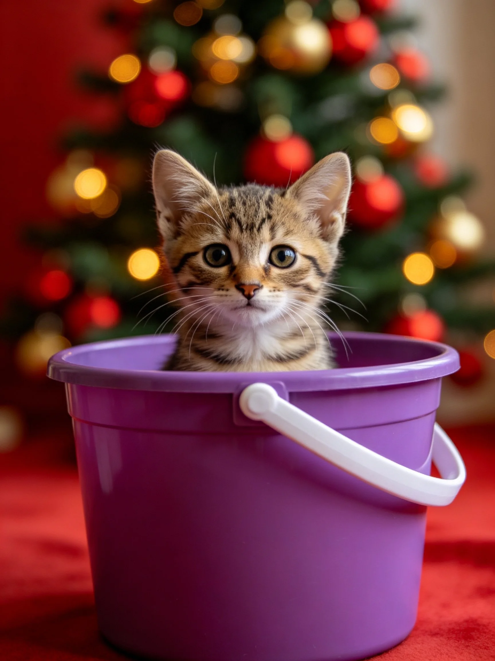 A tabby kitten rests in a purple bucket beside a decorated Christmas tree