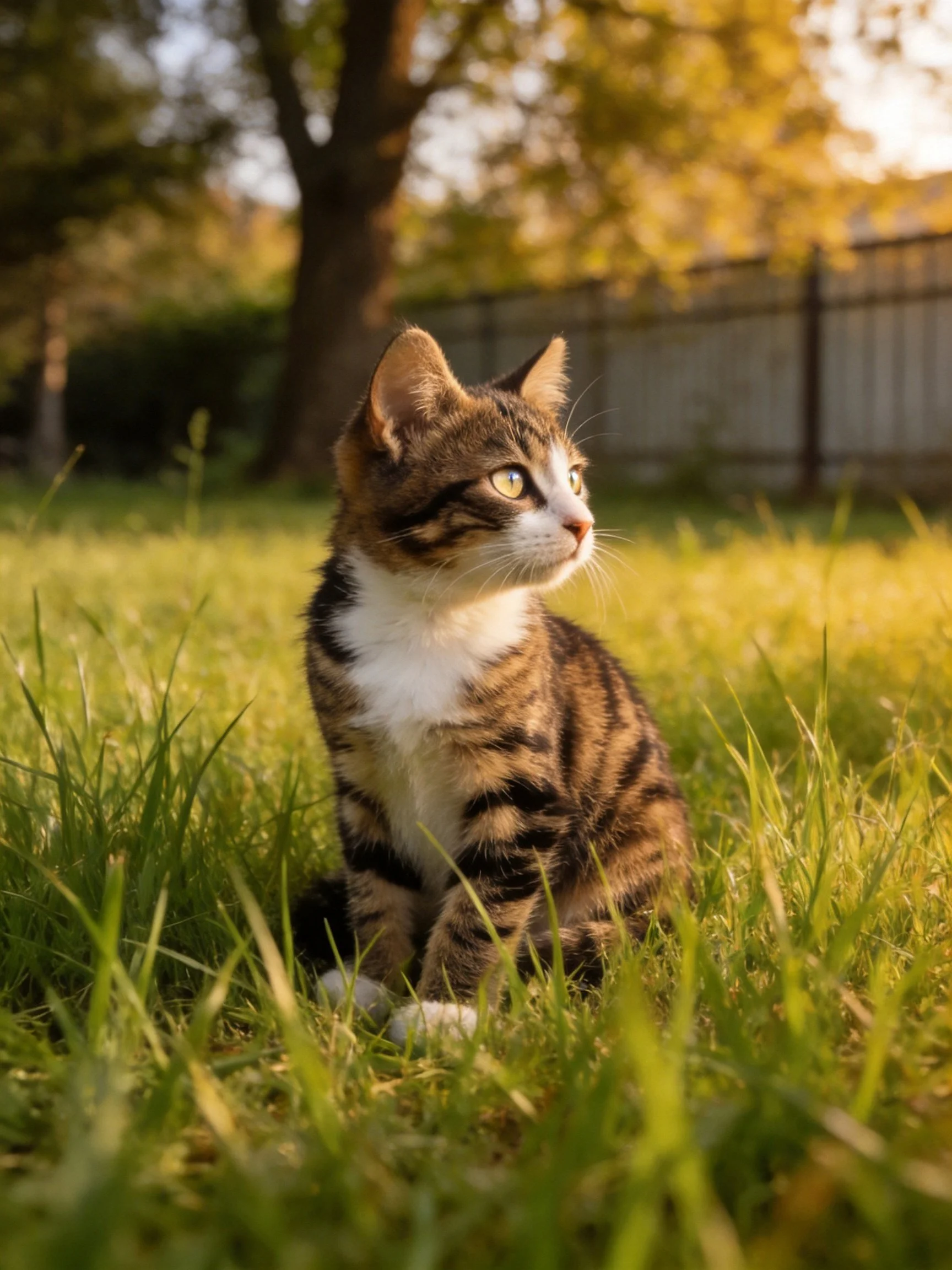 A tabby kitten sits in golden grass near a tree