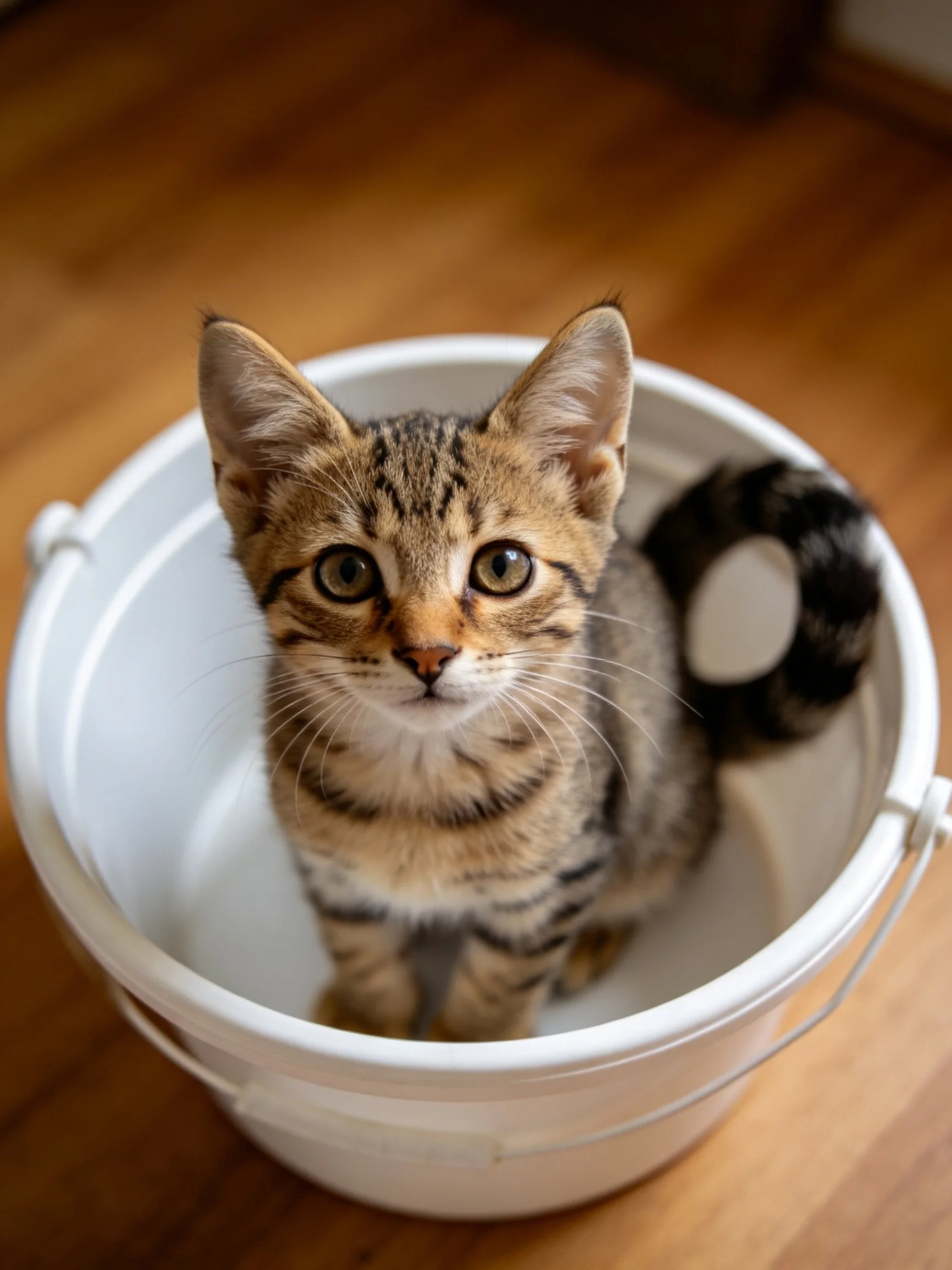 A tabby kitten sits inside a white plastic bucket on wooden flooring