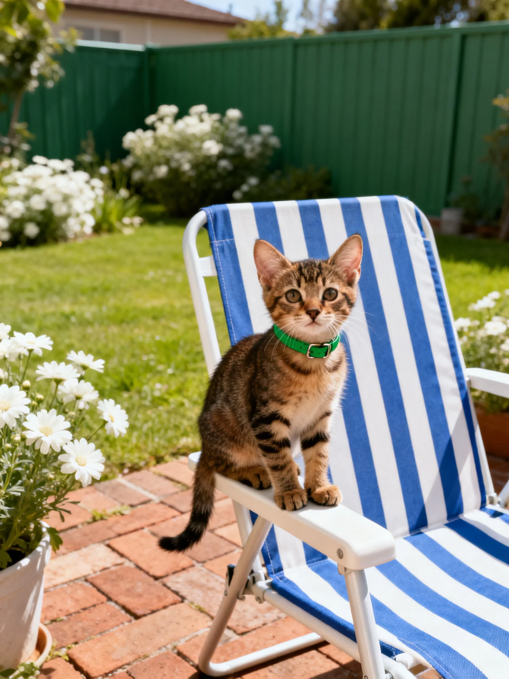 A tabby kitten rests on a blue - white striped lawn chair in a sunny backyard garden.