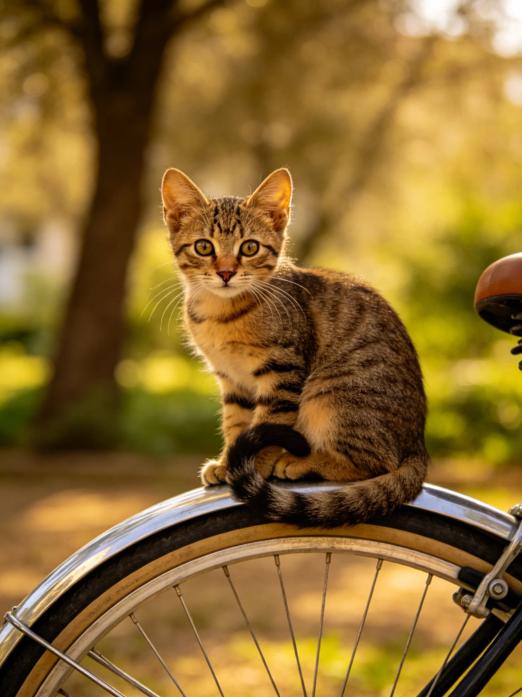 A tabby kitten sits on a vintage bicycle wheel in a sunlit outdoor setting