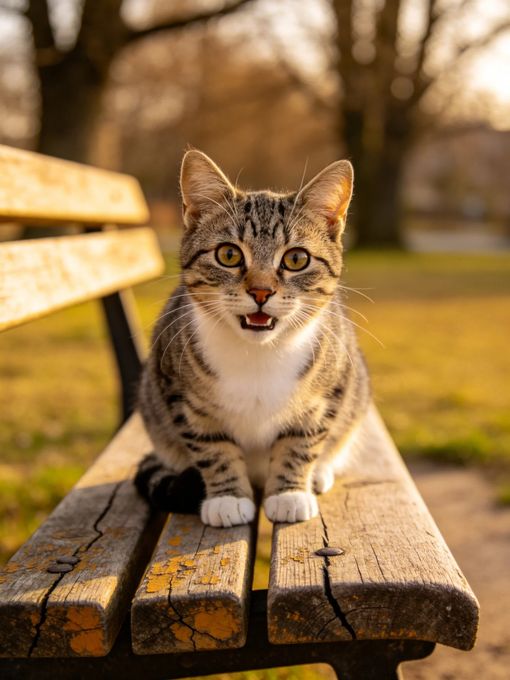 A tabby kitten sits on a weathered wooden park bench
