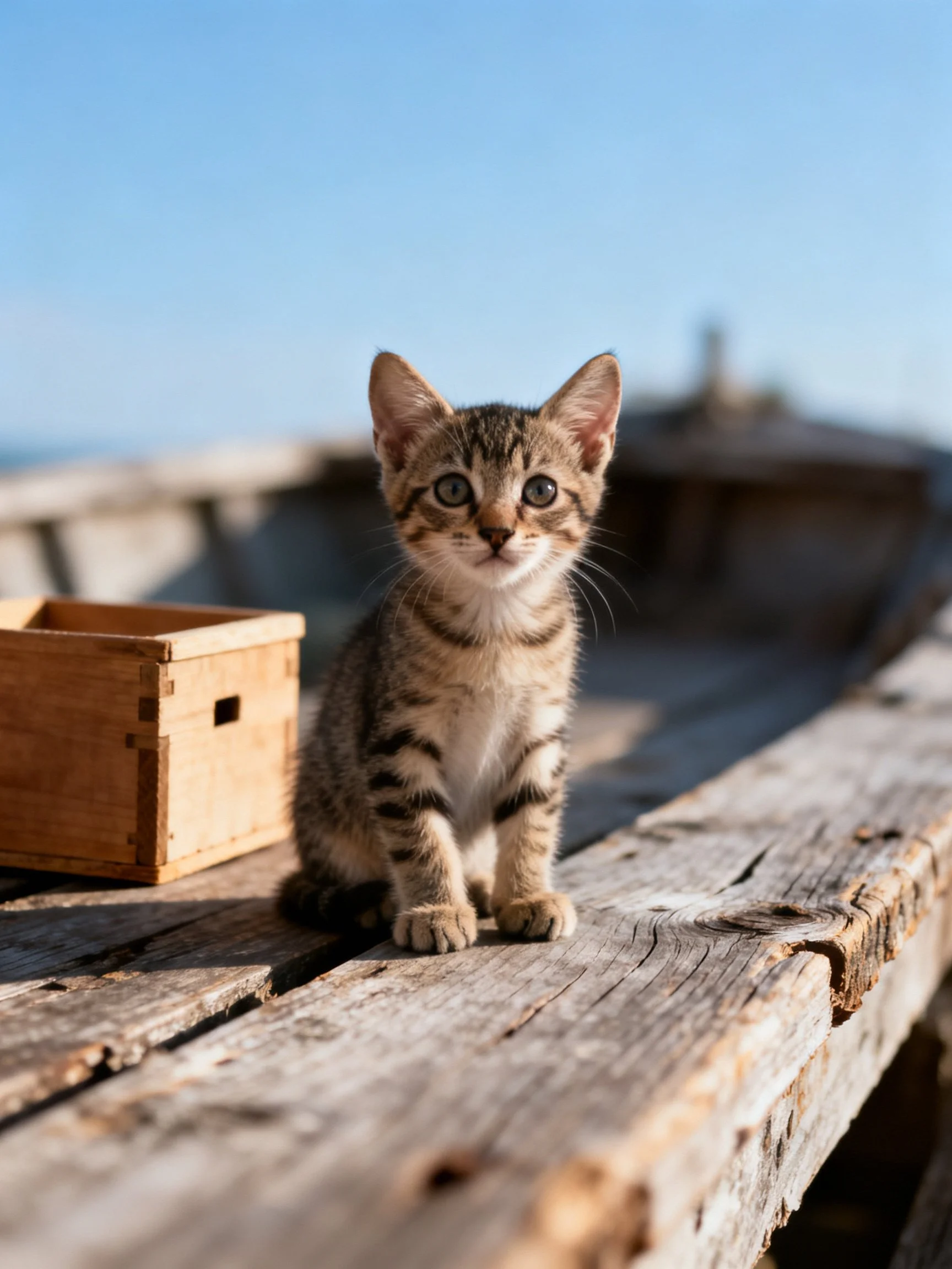 A tabby kitten sits on weathered wooden planks near a small wooden box.
