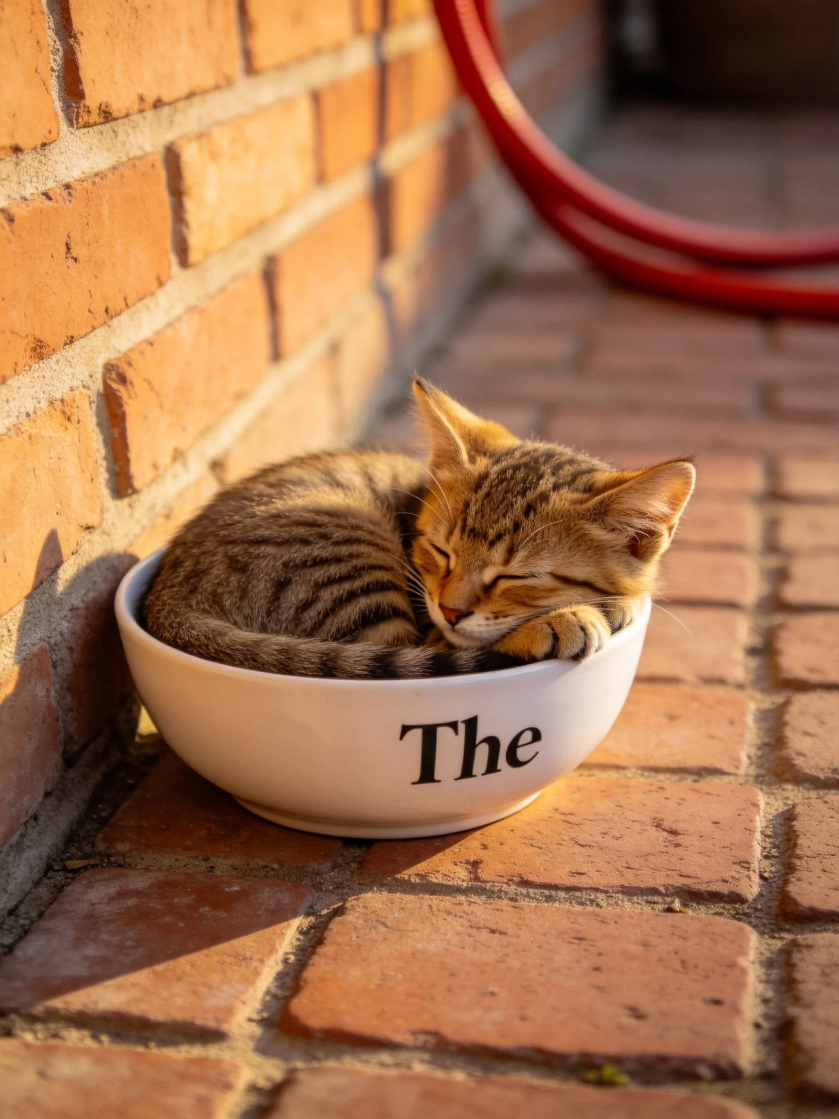 A tabby kitten sleeps in a white bowl next to a brick wall