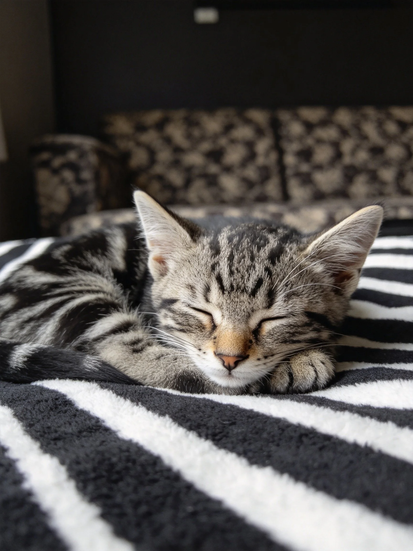 A tabby kitten sleeps on a black-and-white striped blanket