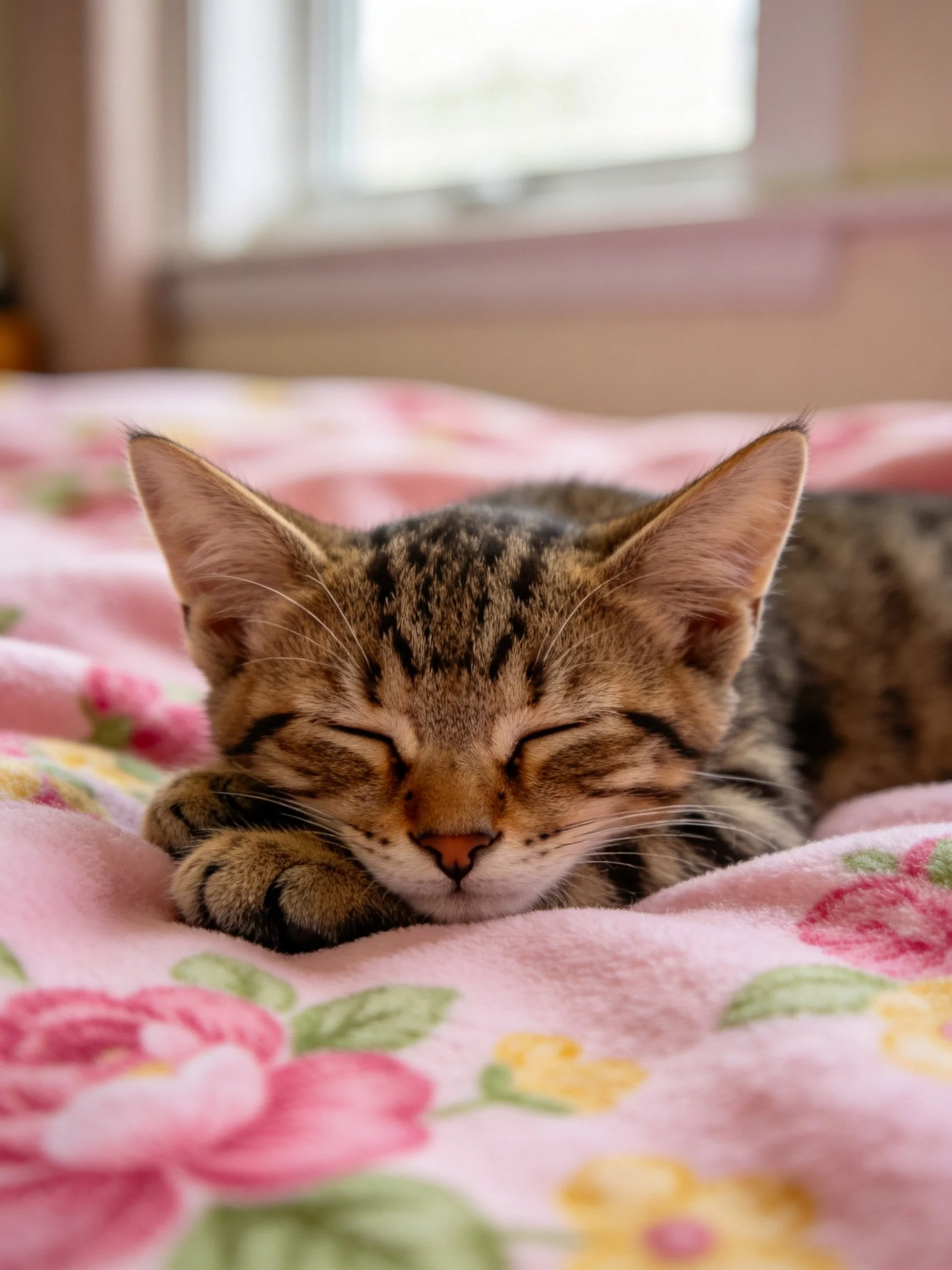 A tabby kitten sleeps on a pink floral-patterned blanket