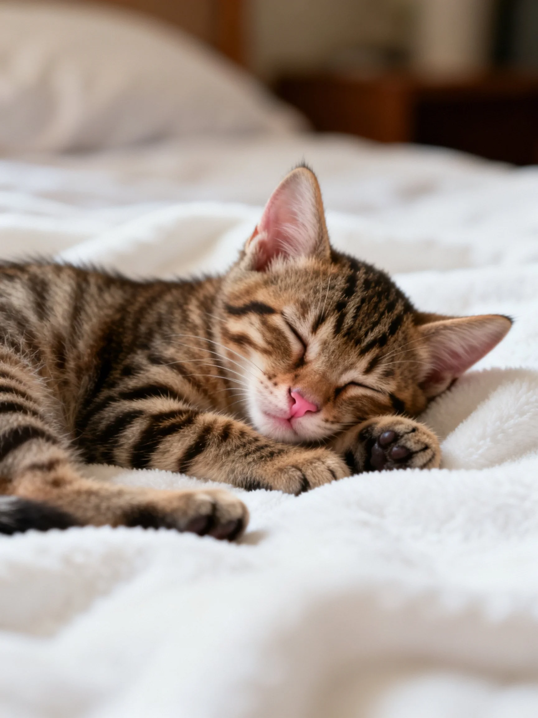 A tabby kitten peacefully sleeps on a white bedspread