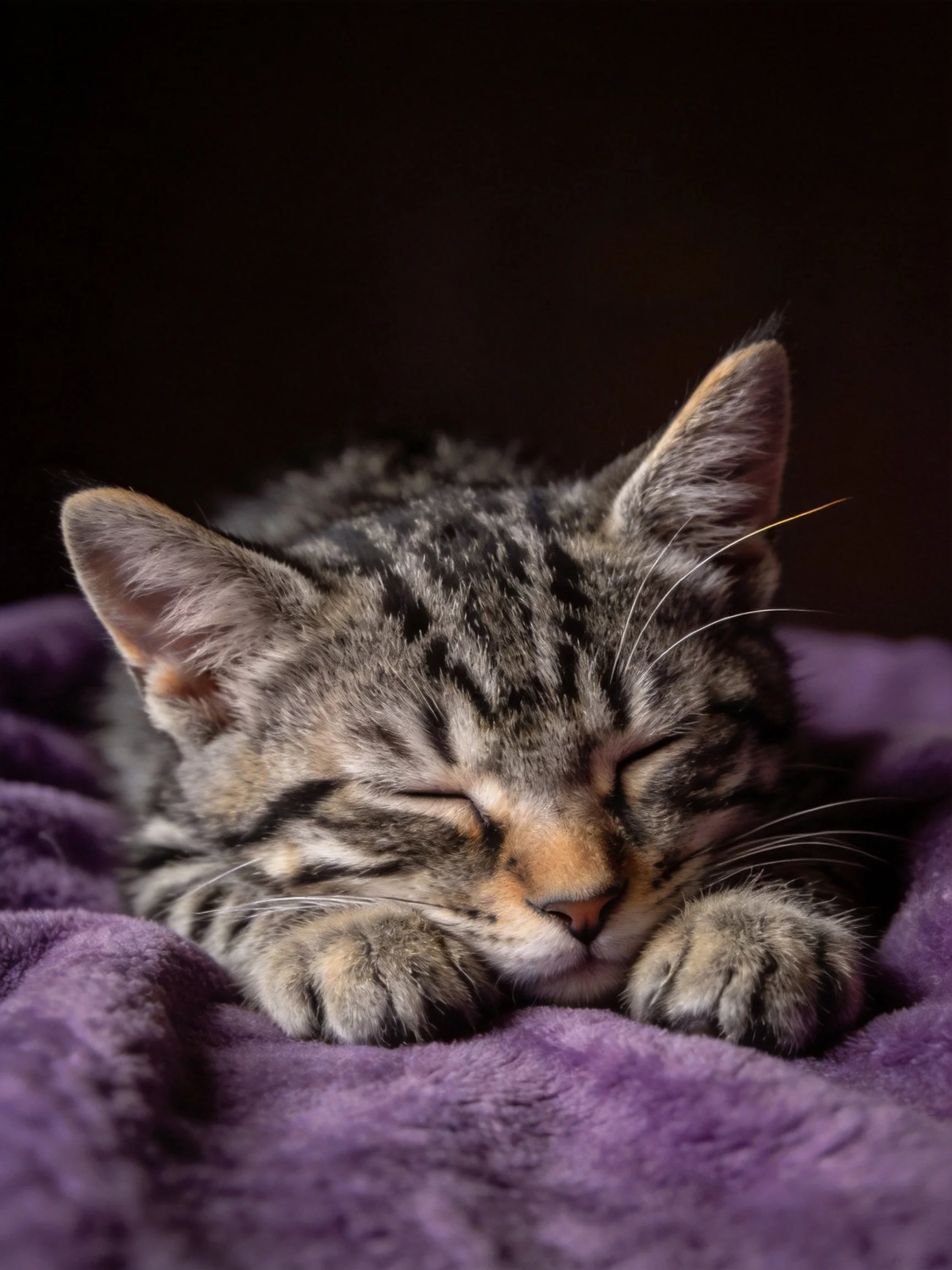 A tabby kitten sleeps peacefully on a plush purple blanket