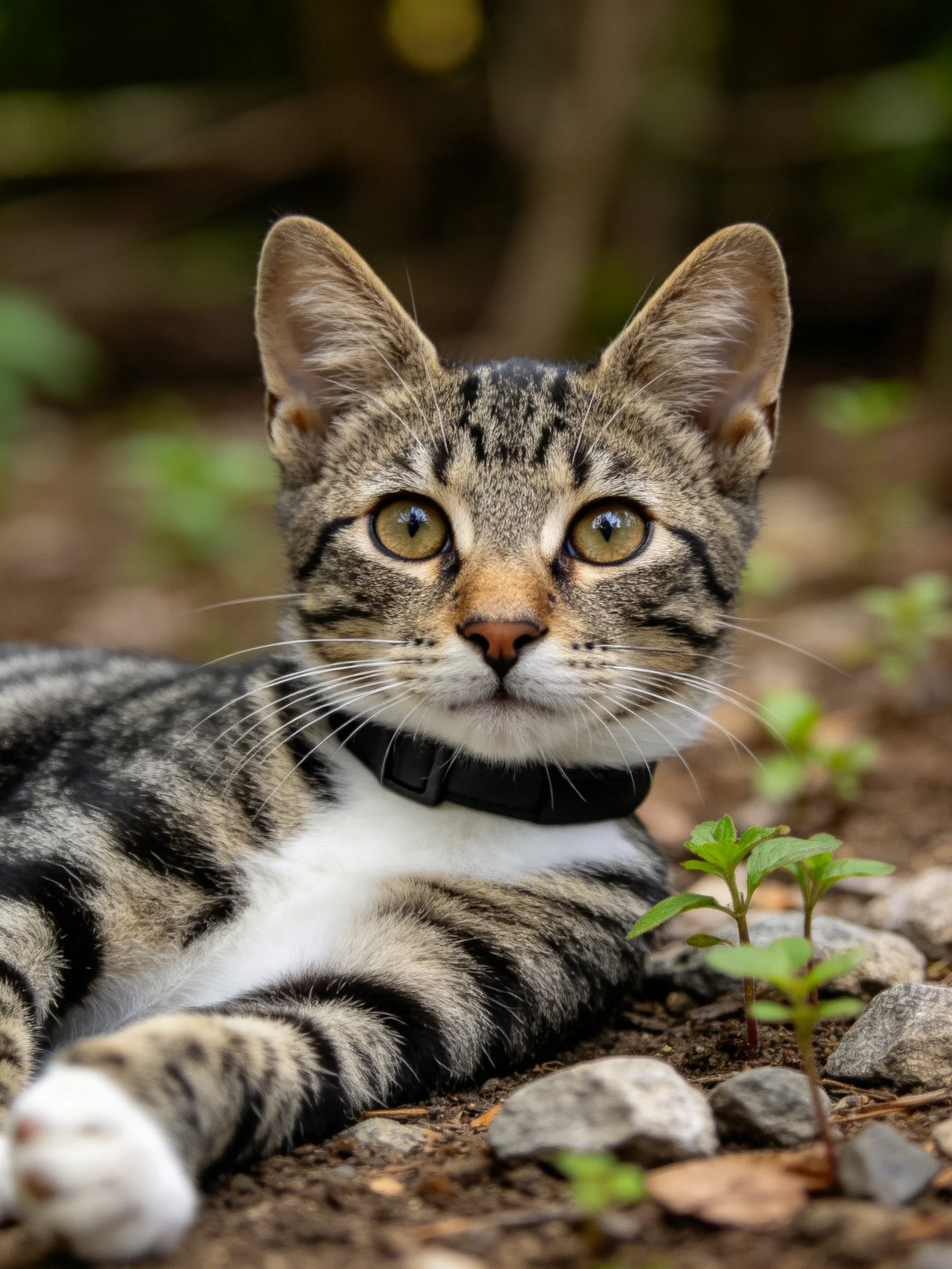 A tabby kitten with a black collar rests near rocks and small plants outdoors