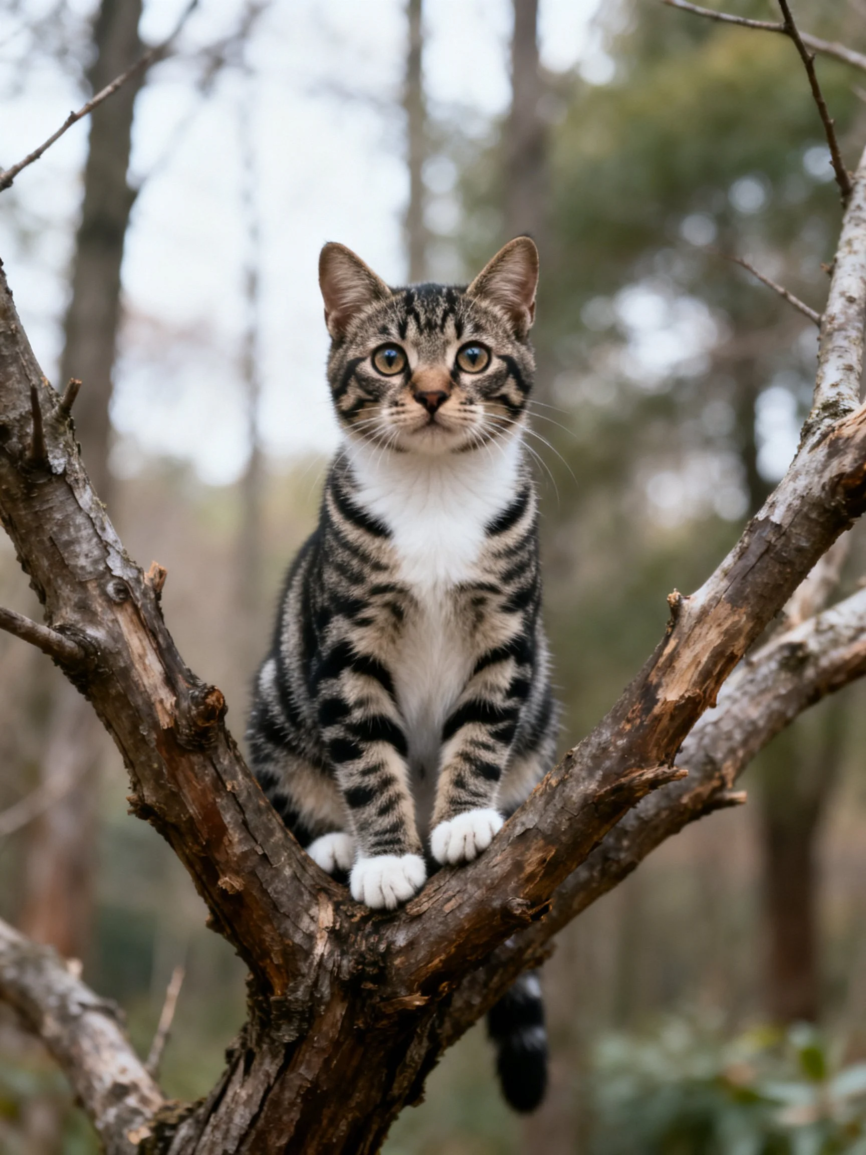 A tabby kitten with black and gray stripes sits calmly on gnarled tree branches in a forested area.