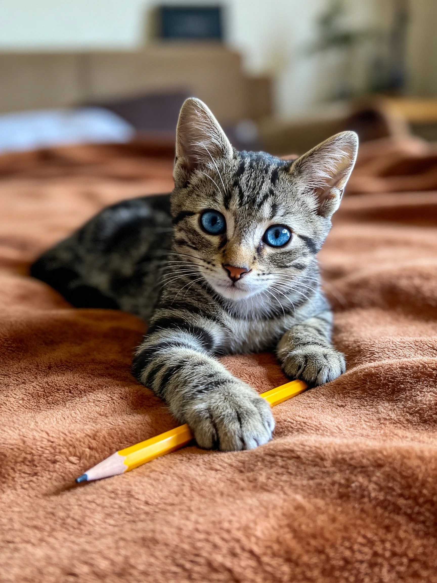 A tabby kitten with blue eyes rests on a brown blanket clutching a yellow pencil.