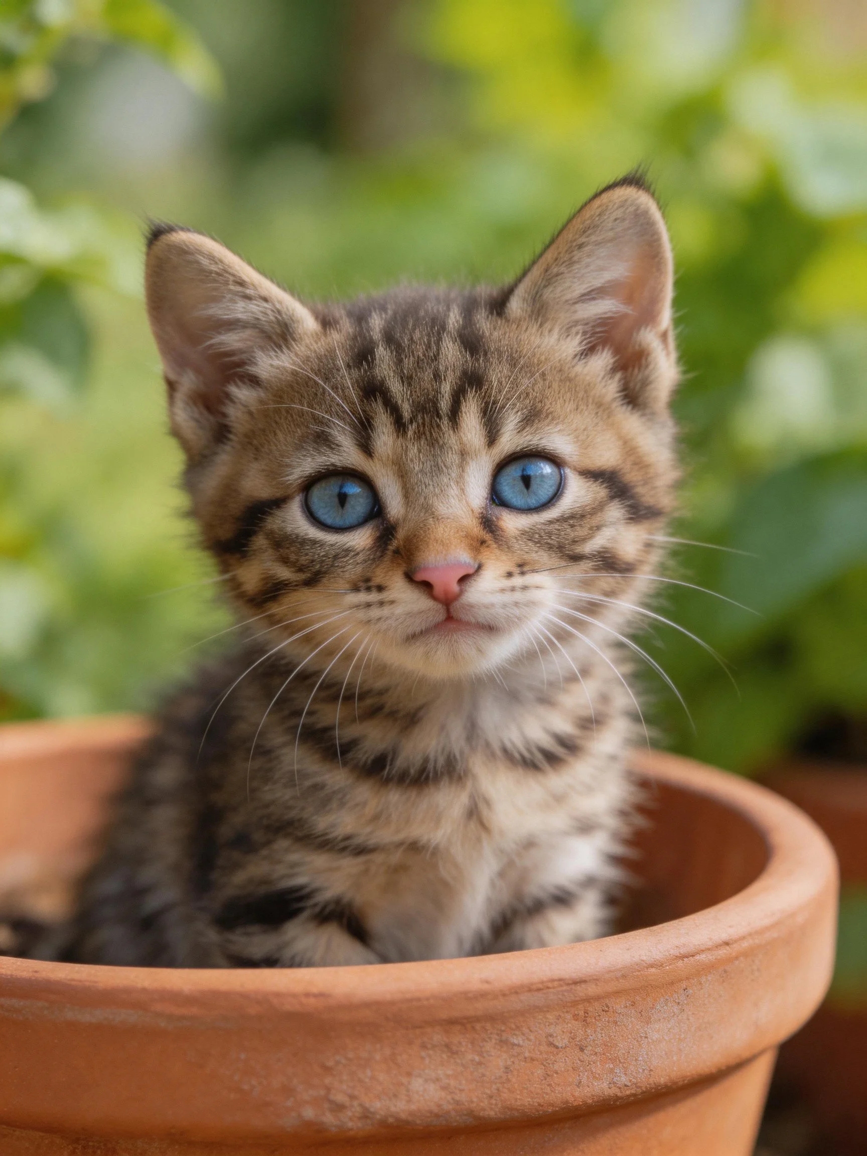 A tabby kitten with blue eyes sits inside a terracotta pot outdoors.