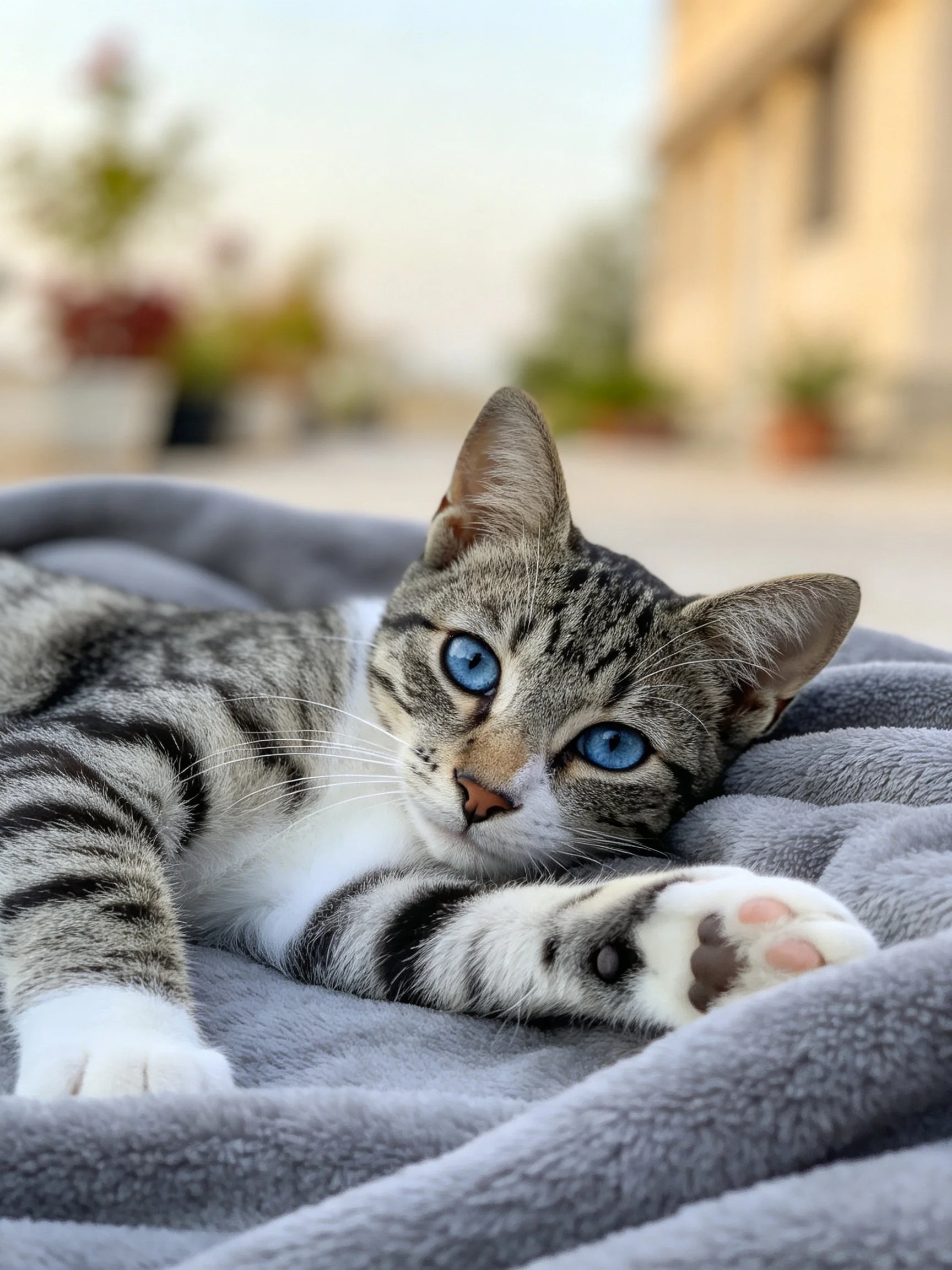 A tabby kitten with bright blue eyes lounges comfortably on a gray blanket outdoors.