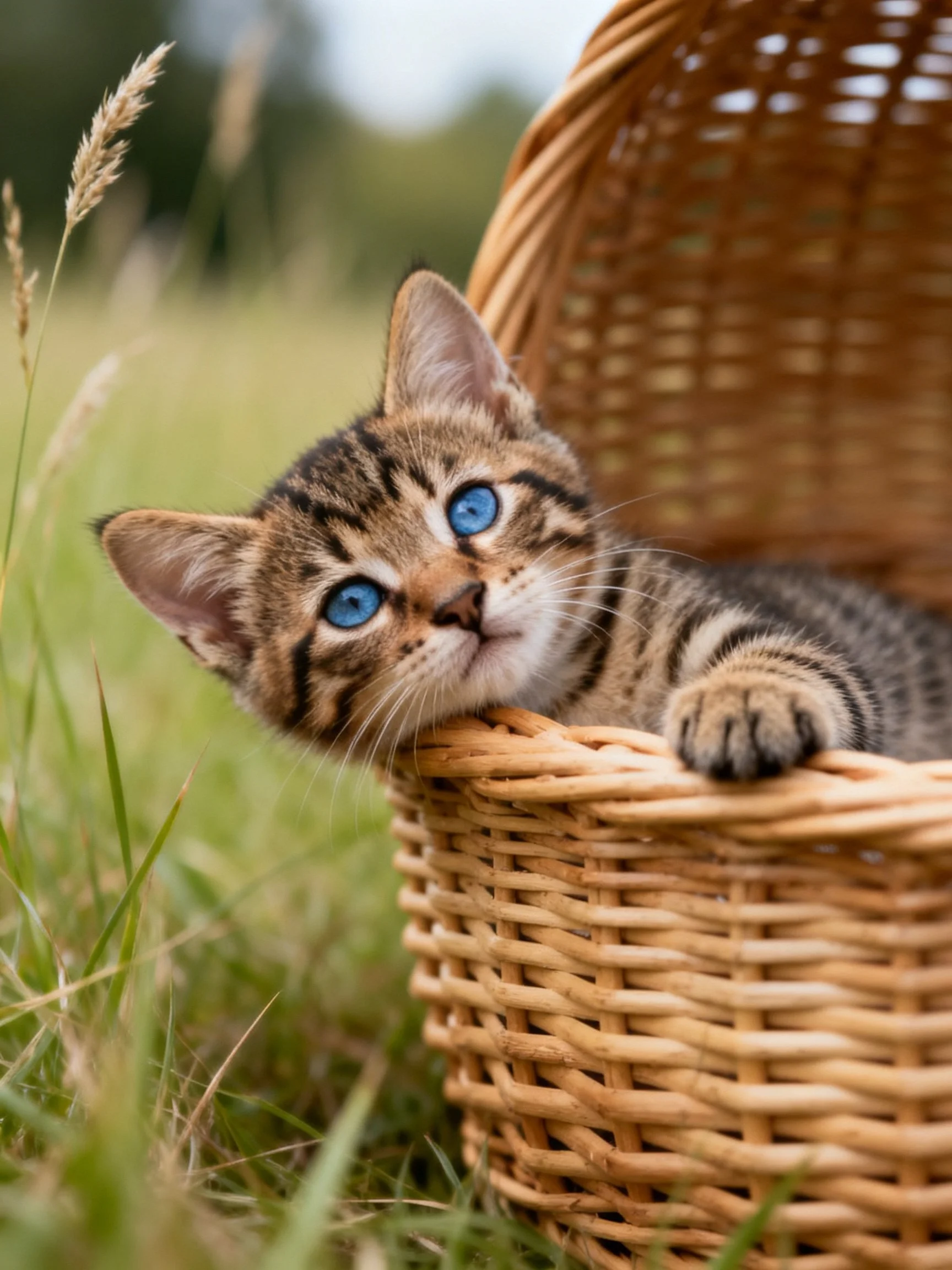 A tabby kitten with blue eyes relaxes in a wicker basket near grass.