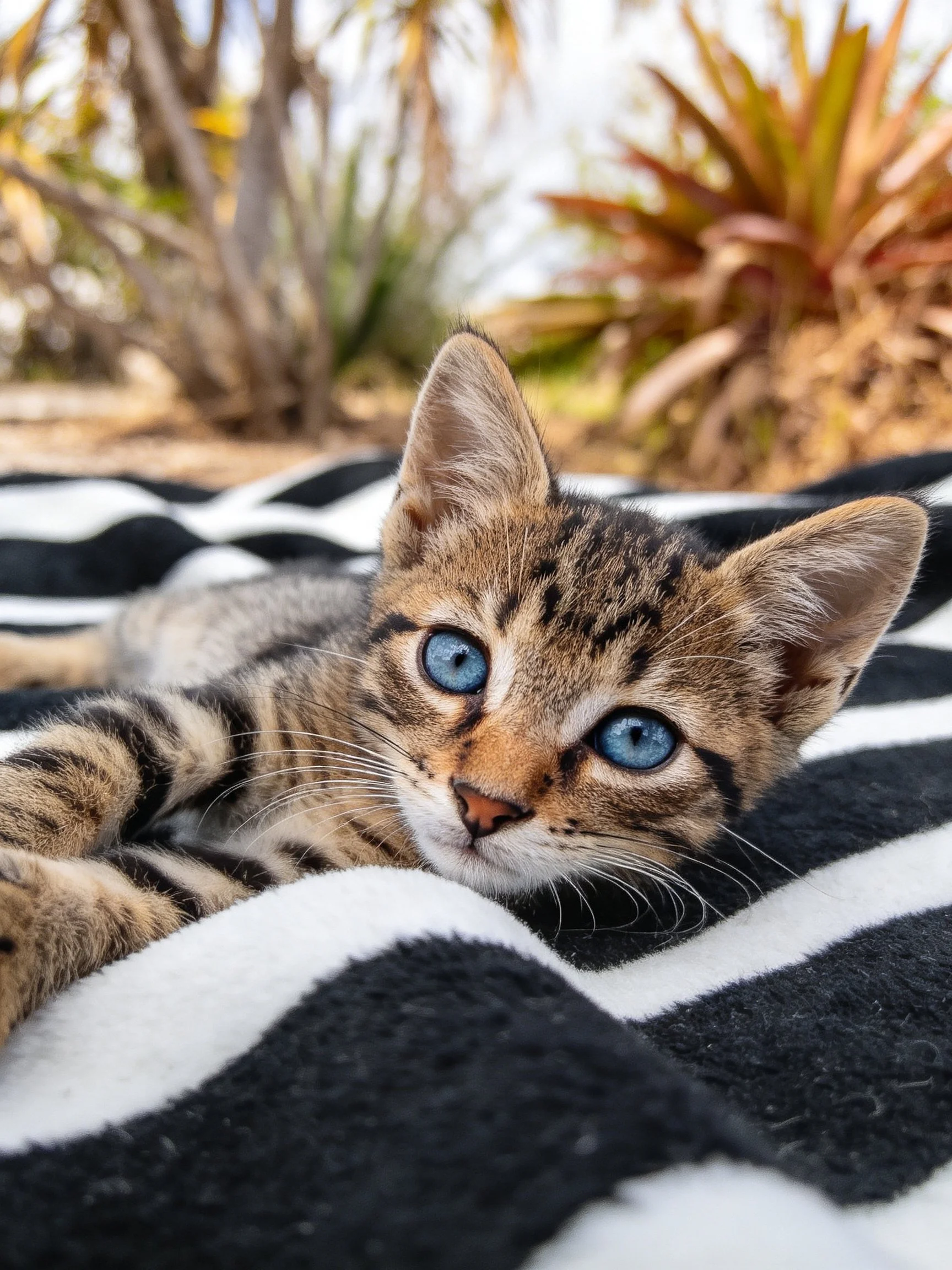 A tabby kitten with blue eyes relaxes on a patterned blanket in an outdoor setting.