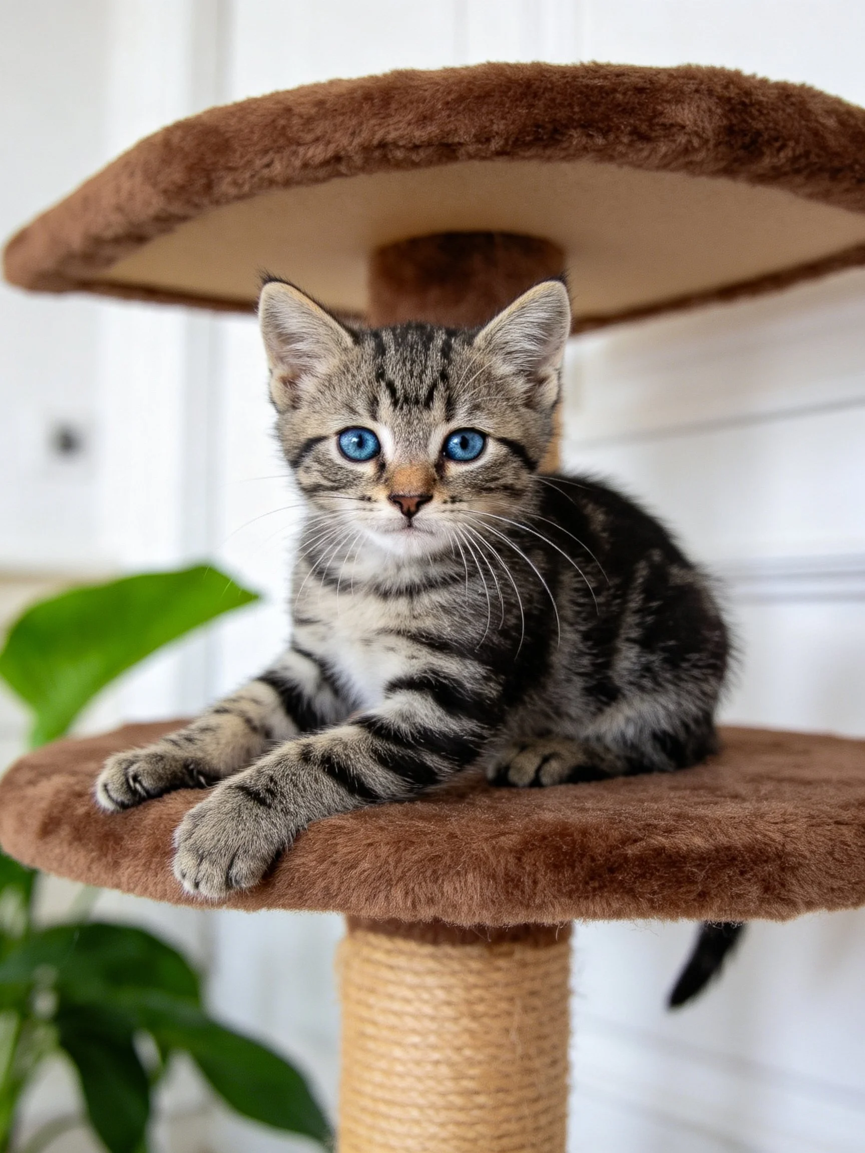 A tabby kitten with blue eyes sits calmly on a brown cat tree