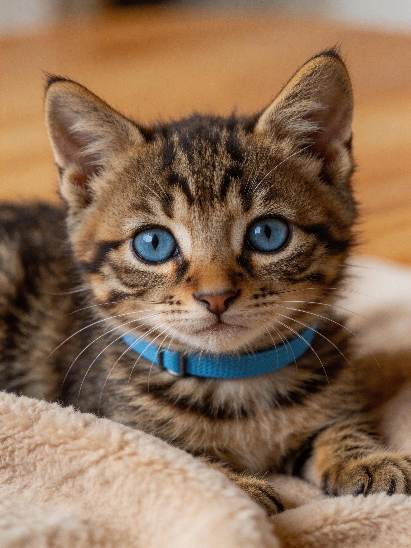 A tabby kitten with striking blue eyes rests on a soft blanket.