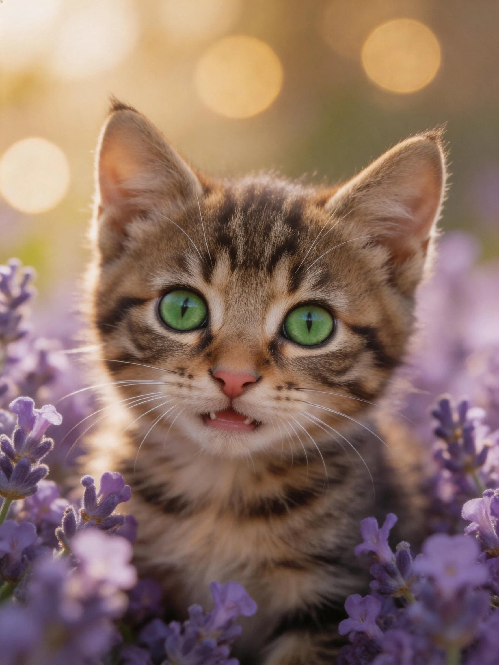 A tabby kitten with bright green eyes sits among lavender flowers in a warmly lit setting.