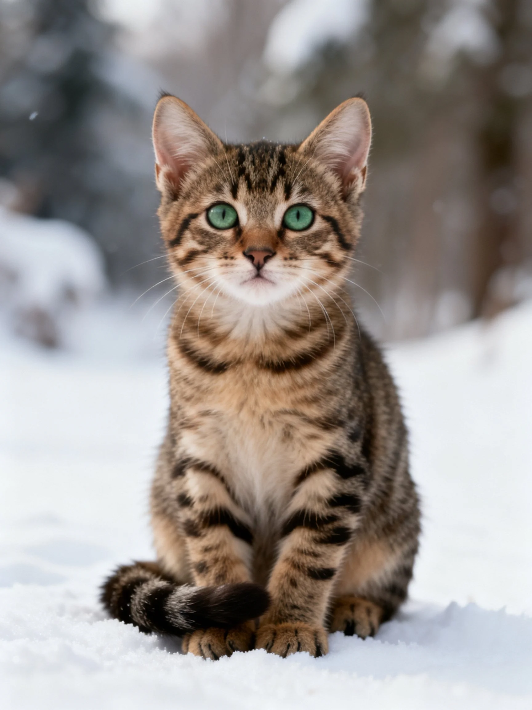 A tabby kitten with green eyes sits calmly amid snow-covered landscape.