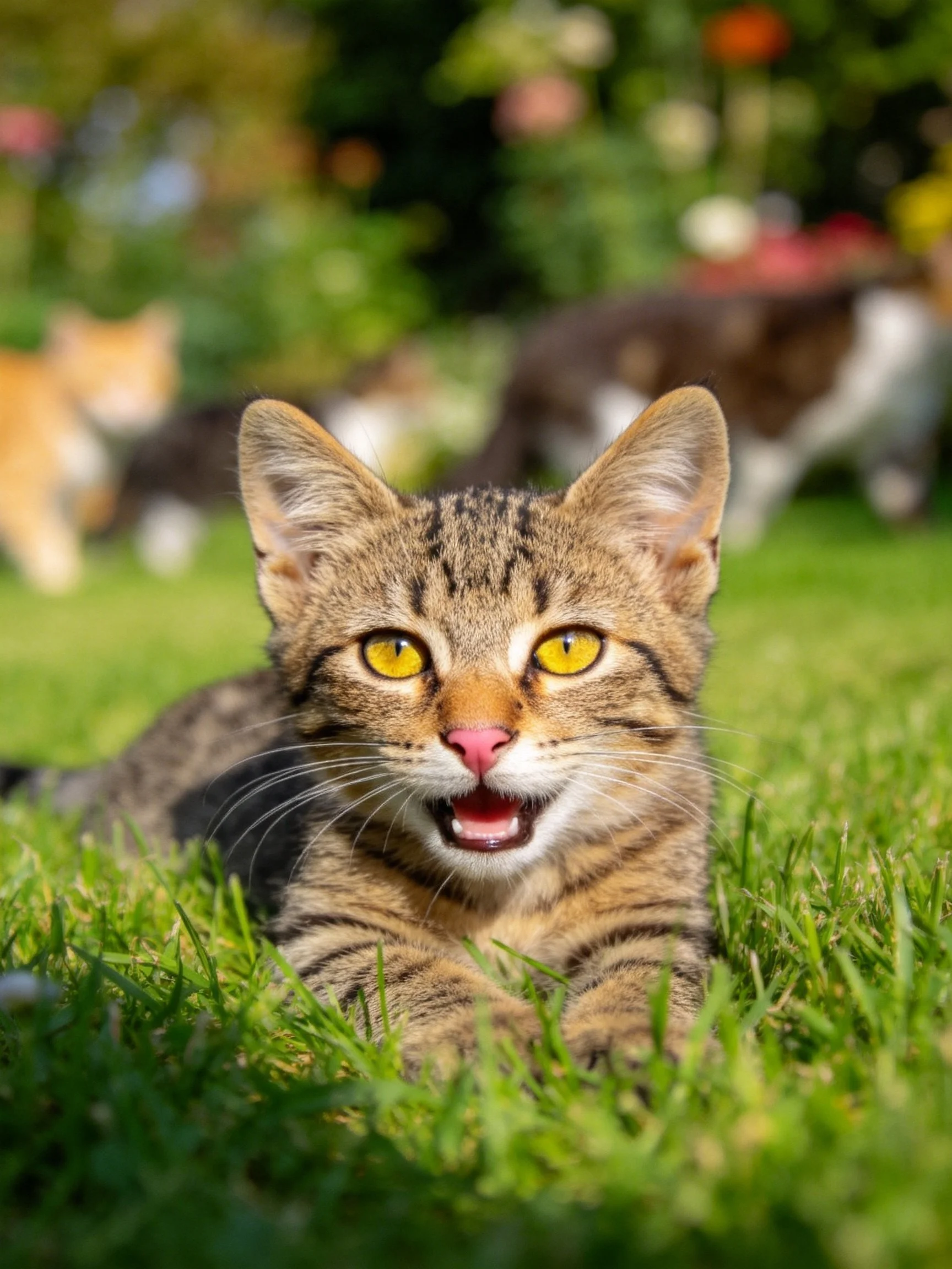 A tabby kitten with bright yellow eyes rests on lush green grass among other cats