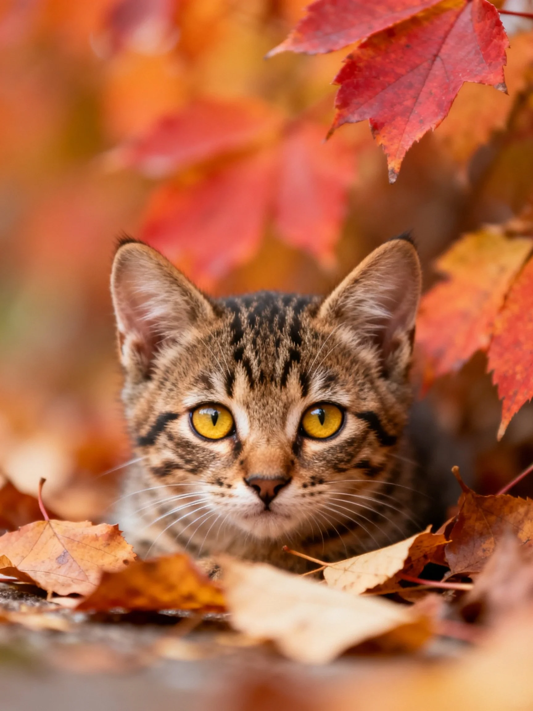 A tabby kitten with golden eyes nestled among vibrant autumn foliage