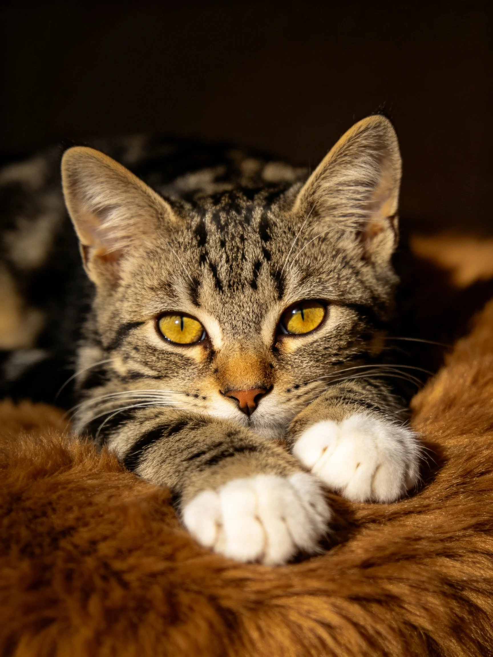 A tabby kitten with golden eyes rests on a brown plush surface
