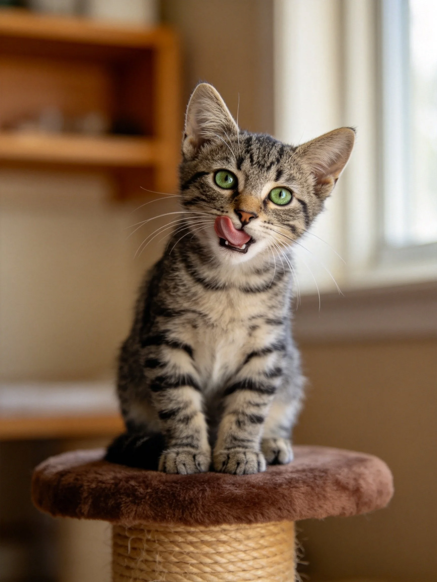 A tabby kitten with green eyes sits on a scratching post indoors.