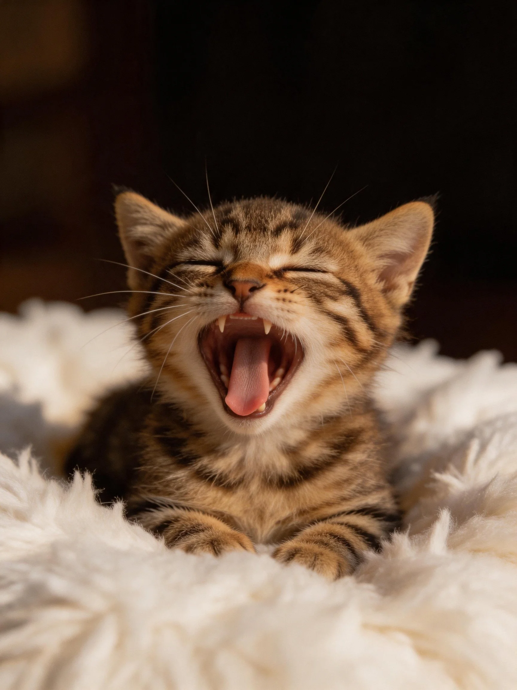 A tabby kitten yawns contentedly on a soft white blanket
